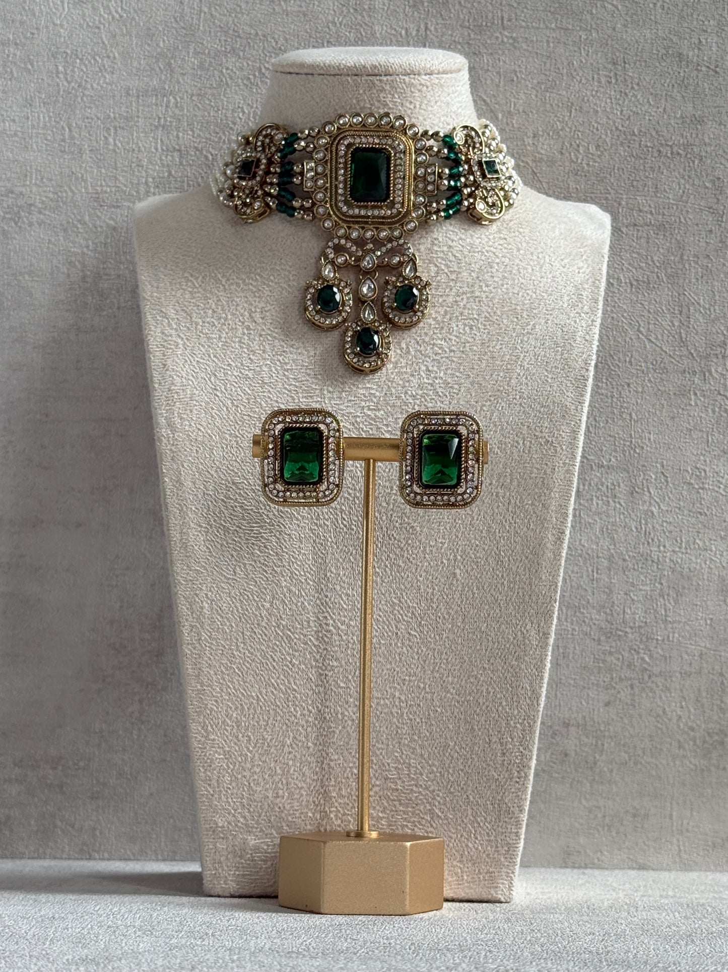Ayura Designs Nabiha Choker Set with Studs – Emerald Green Stones, Pearl Detailing & Antique Gold Finish