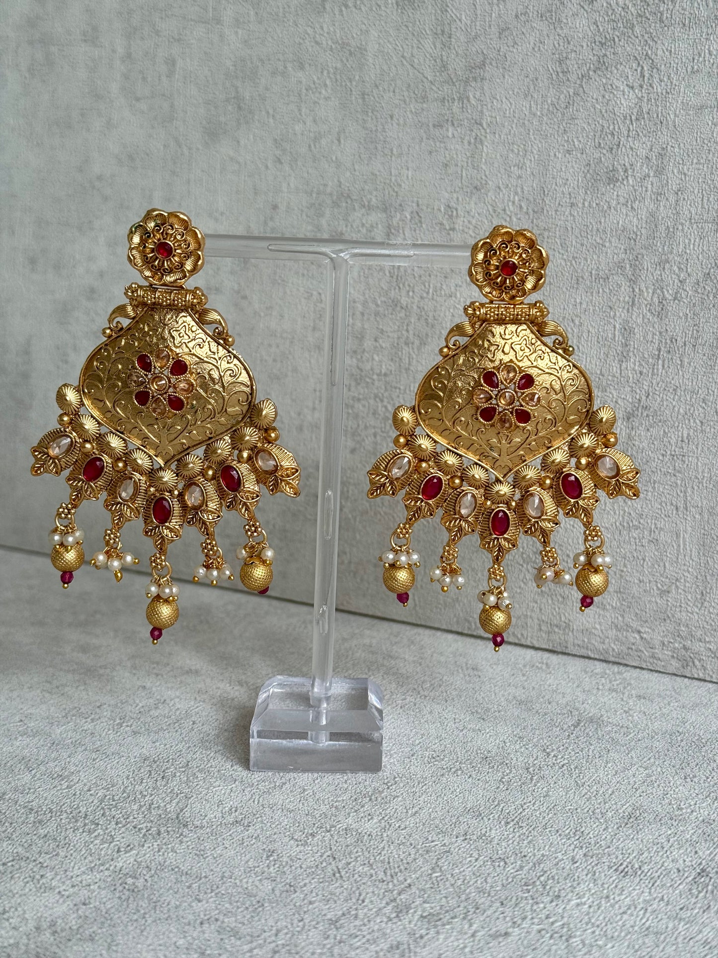 Ayura Designs Neha Earrings – Antique Gold with Ruby Red Stones & Pearl Detailing
