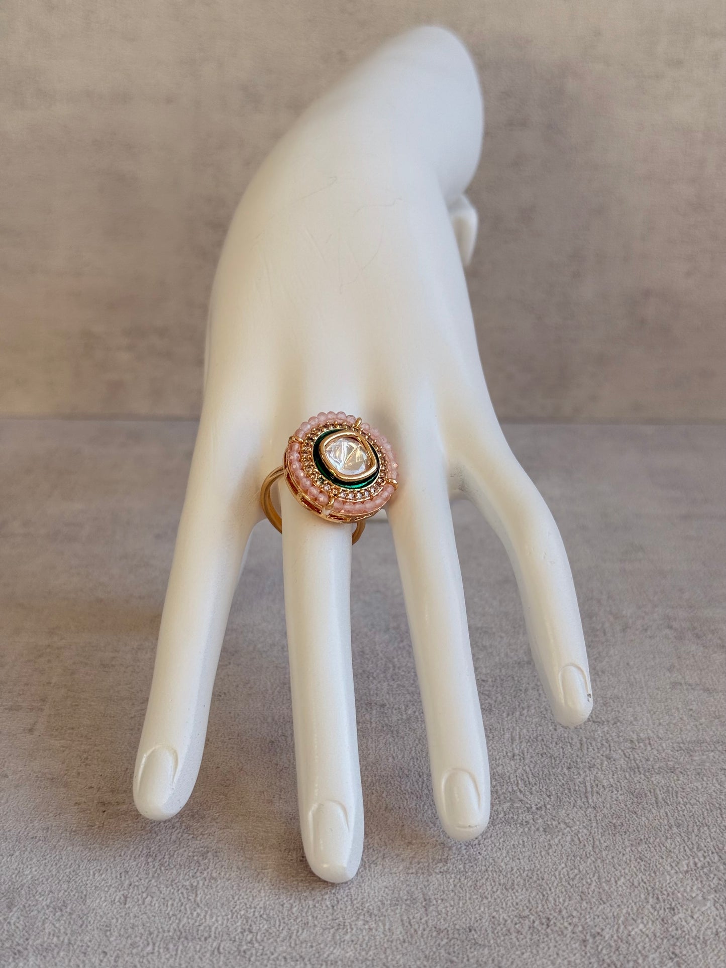 Ayura Designs Roselle Adjustable Ring – Moissanite Centre with Crystal Border & Blush Pink Beads