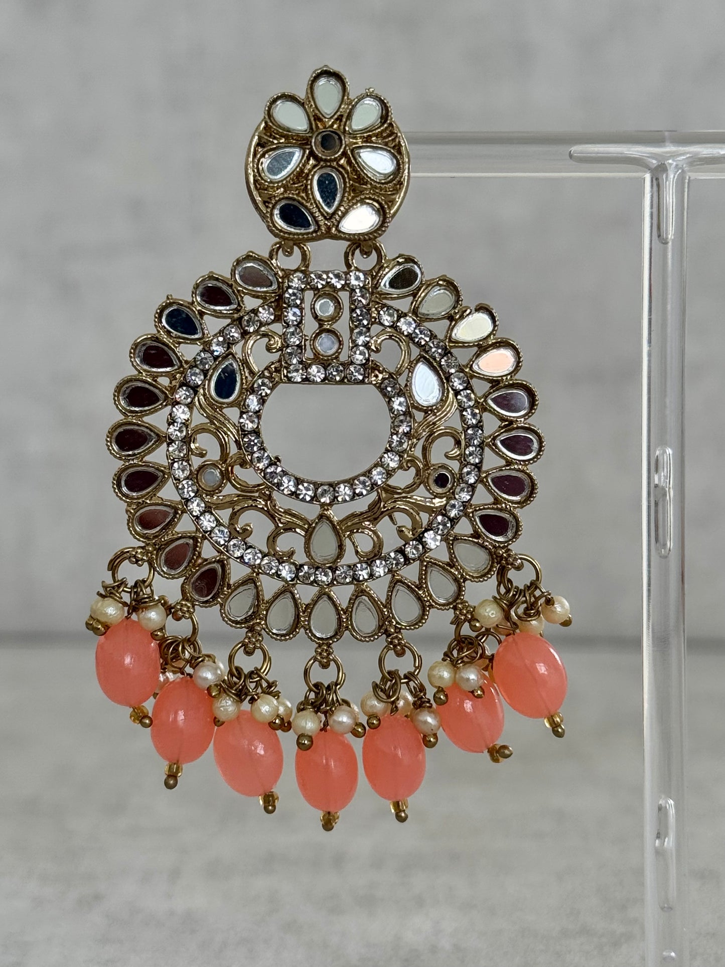 Ayura Designs Bahar Tikka Set with Earrings – Peach Beads,Mirror Work & Antique Gold