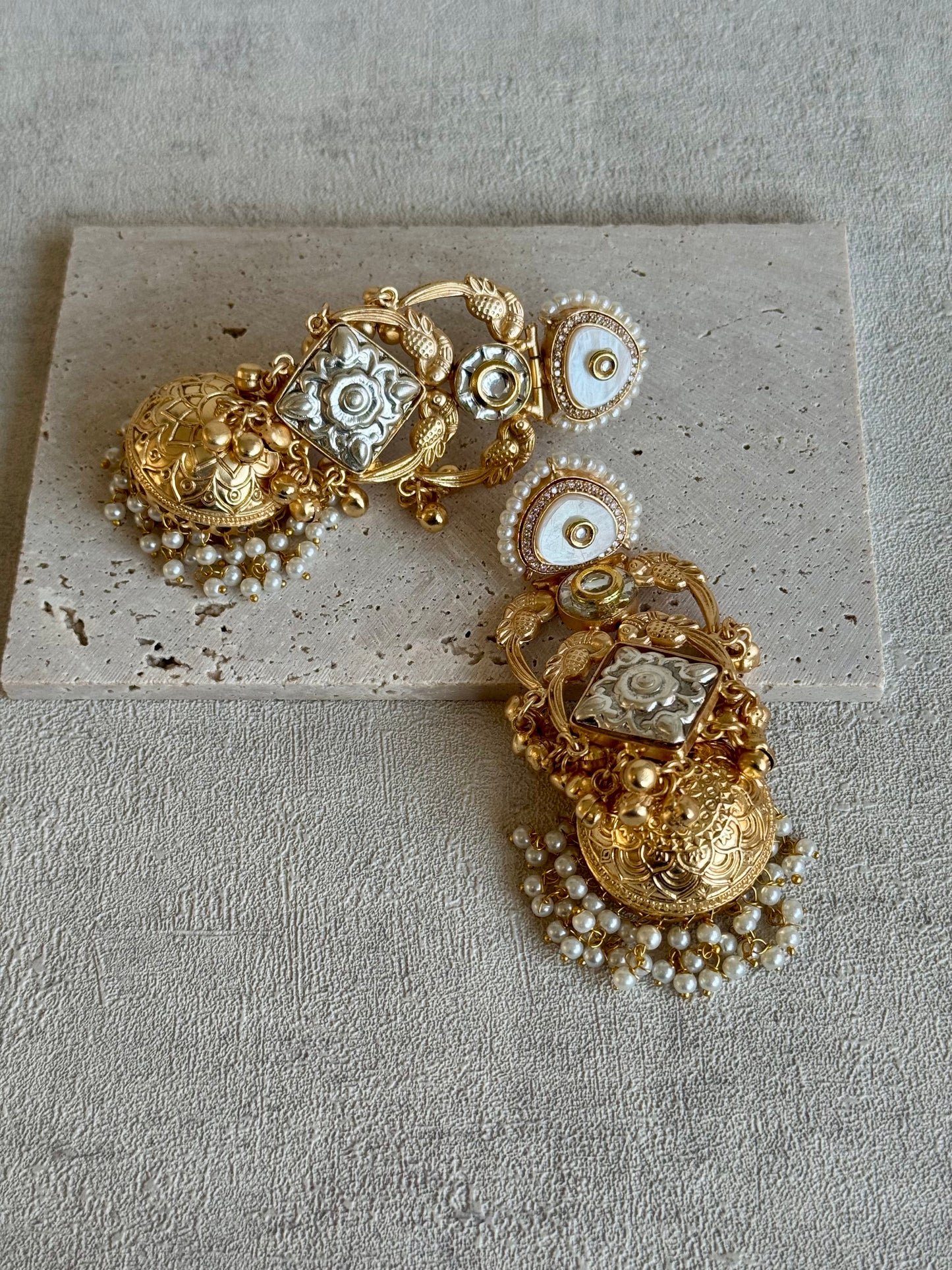 Ayura Designs Zaqsa Earrings – Dual-Tone Antique Gold & Silver Jhumkas with Bird Motifs, Kundan Accents & Pearl Drops
