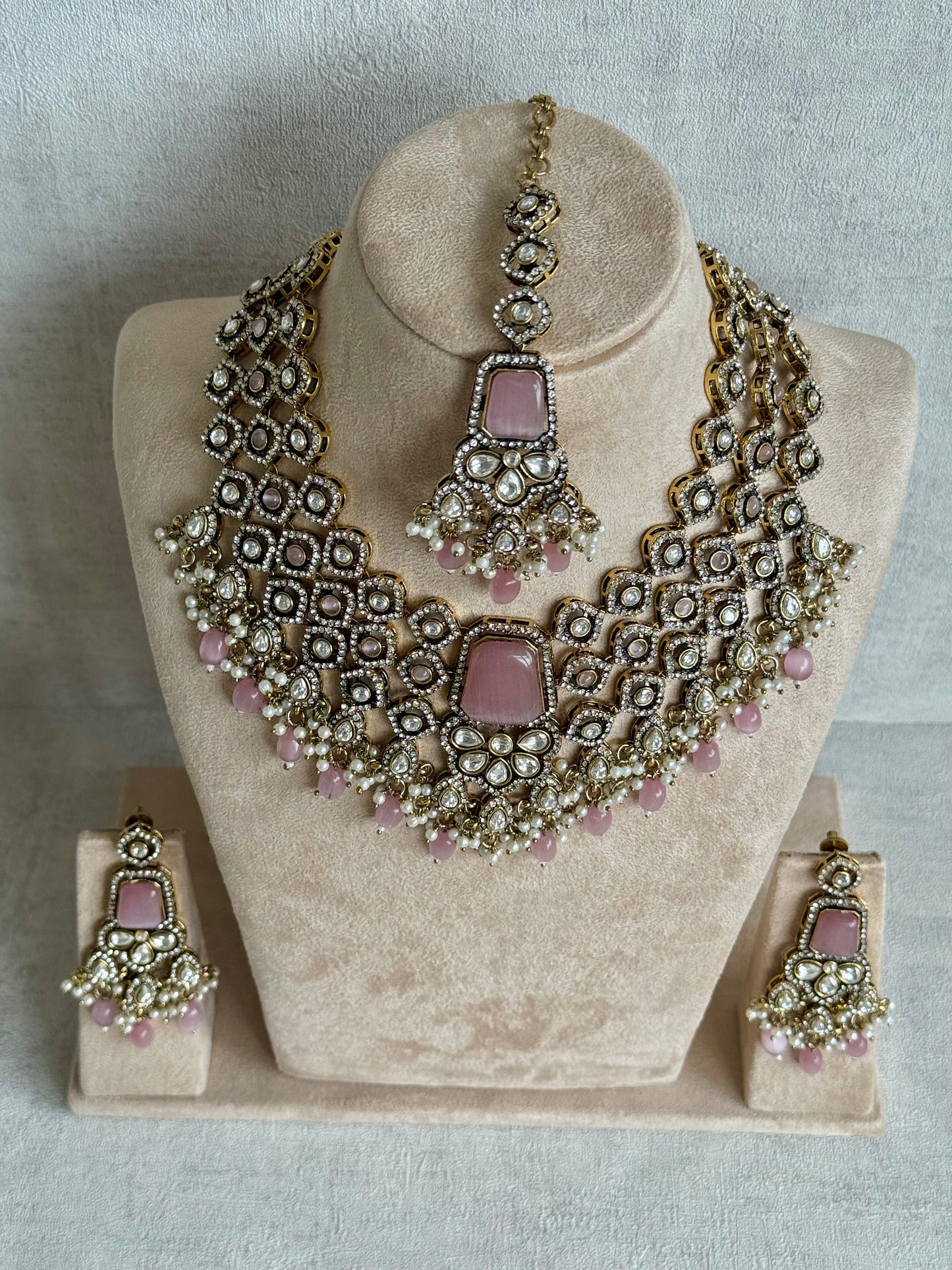 Ayura Designs Gulrukh Bridal Set with Necklace, Jhumkis & Tikka – Jadau Kundan Craftsmanship with Mirror-Cut Polki, Blush Rose Stones & Antique Gold Finish