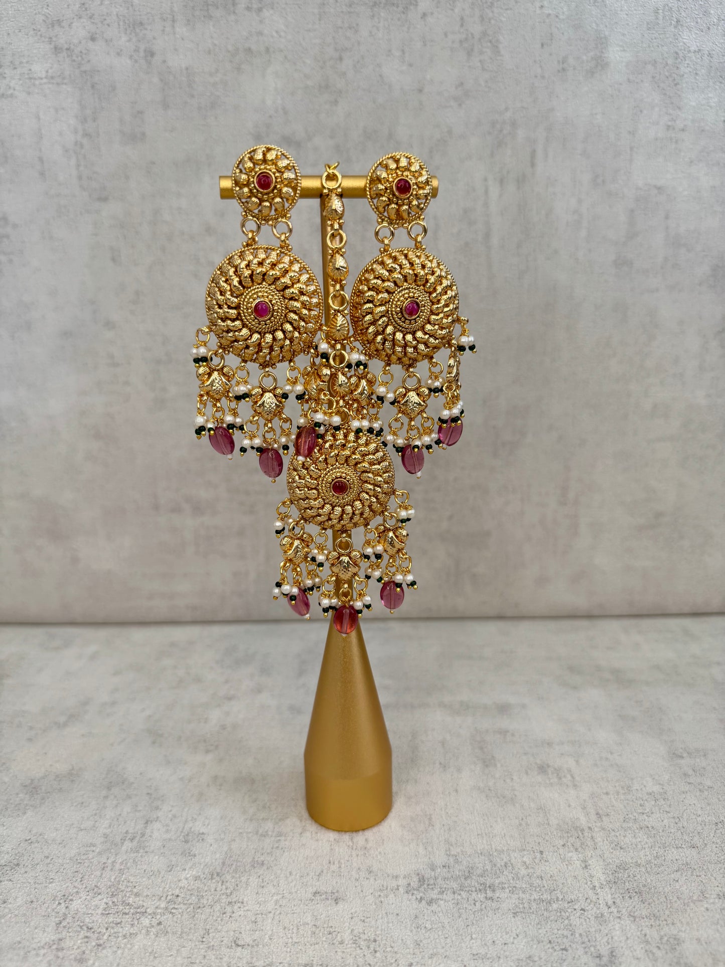 Ayura Designs Hoor Tikka & Earrings – Opulent Gold Adornment with Radiant Pink, Green and White Beads