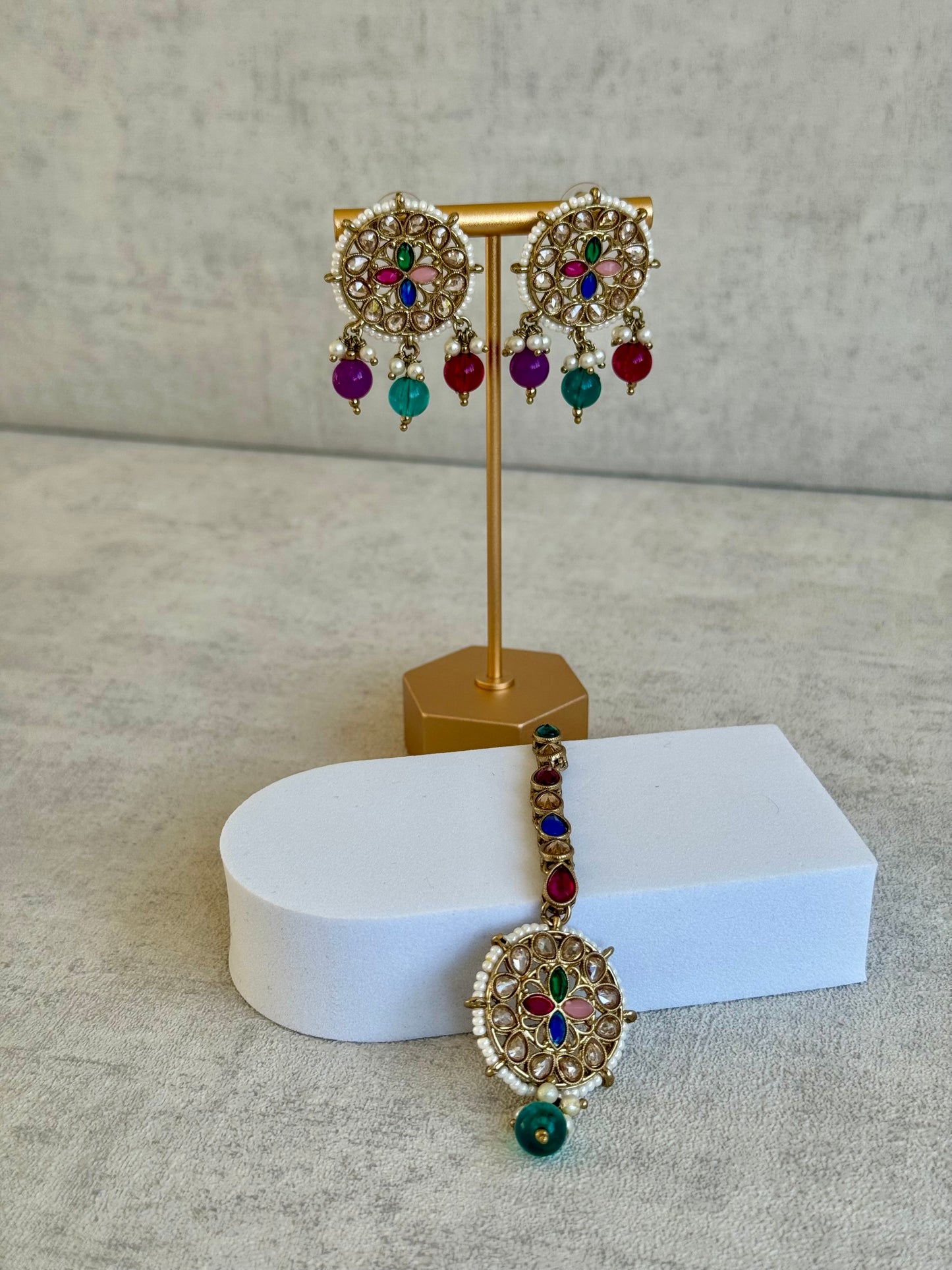 Ayura Designs Ifrah Tikka Set with Studs – Multicolour Stones, Kundan Work & Gold Finish
