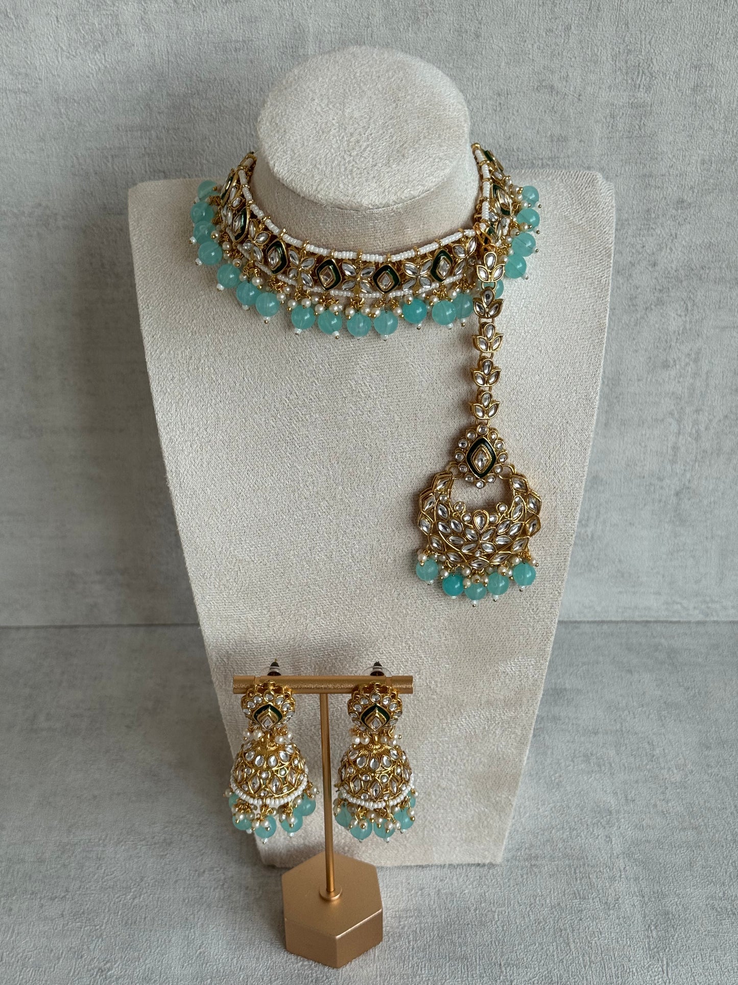 Ayura Designs Khwaab Set with Jhumkis & Tikka – Mirror-Cut Stones with Aqua Blue Bead Detailing
