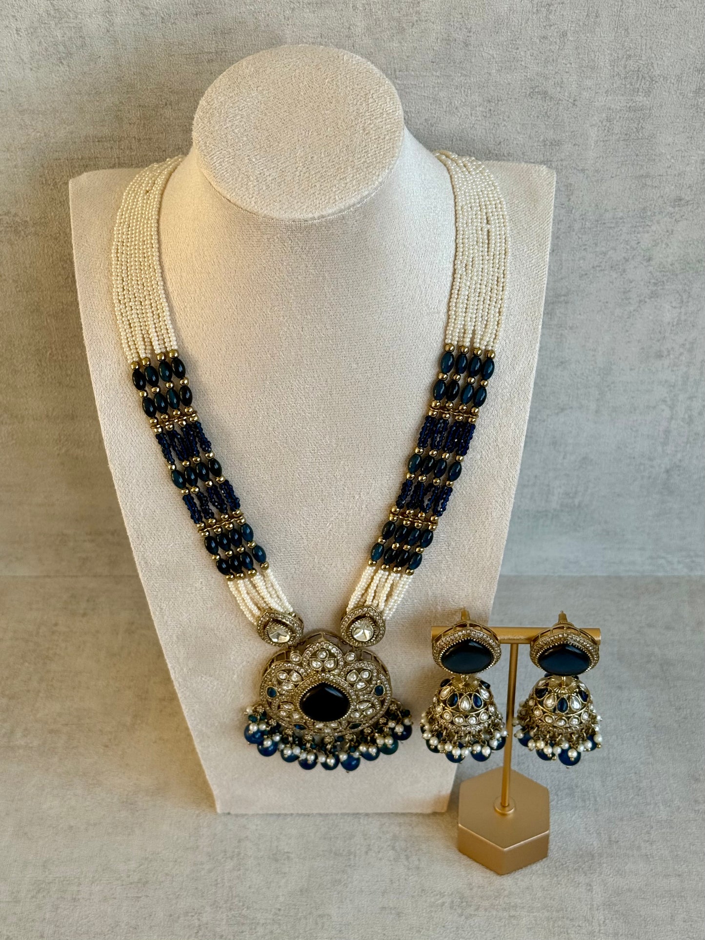 Ayura Designs Brielle Set – Necklace & Jhumkis with Mirror-Cut Stones in Midnight Blue & Ivory