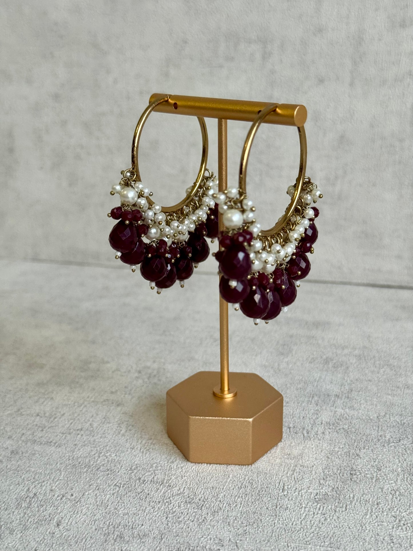 Ayura Designs Jhanak Balis – Pearl Hoops with Wine-Coloured Beads