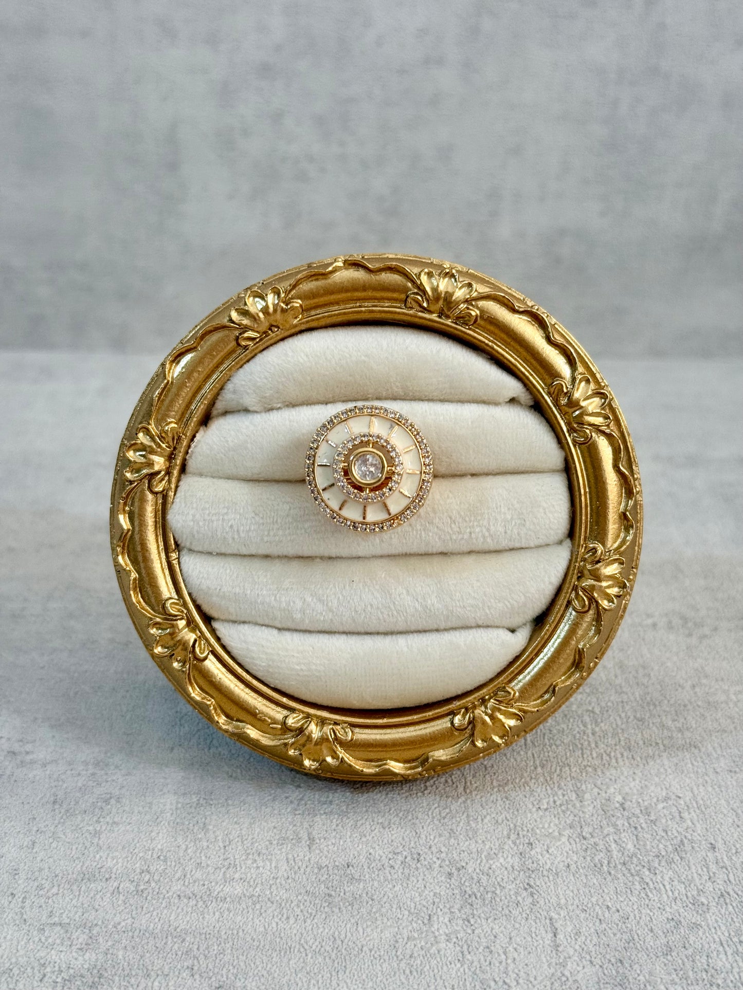 Ayura Designs Maisie Adjustable Ring – Ivory Enamel with Crystal Border & Moissanite Centre
