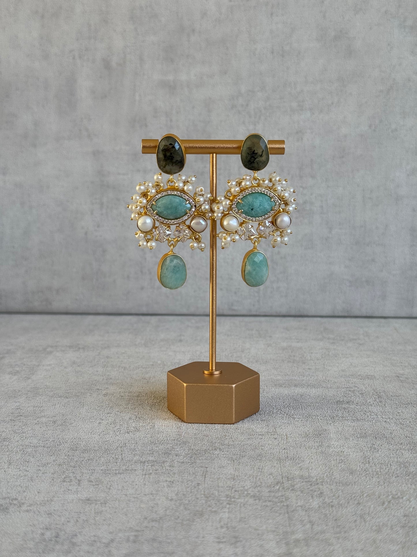 Ayura Designs Aurelia Earrings – Amazonite, Dark Quartz, Pearls & Crystals
