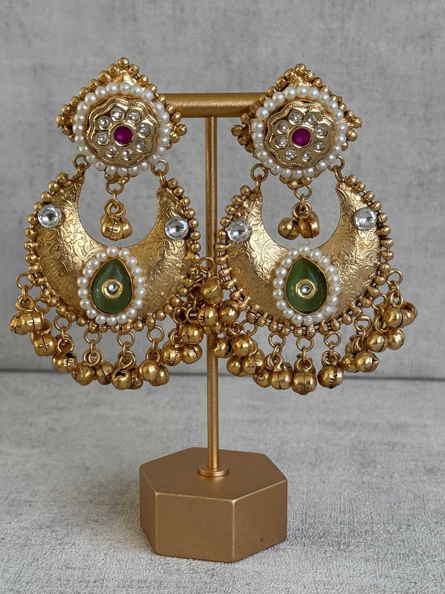 Ayura Designs Naaz Earrings – Antique Gold Jhumkas with Green Teardrop Stone, Pearl Embellishments & Ghungroo Detailing