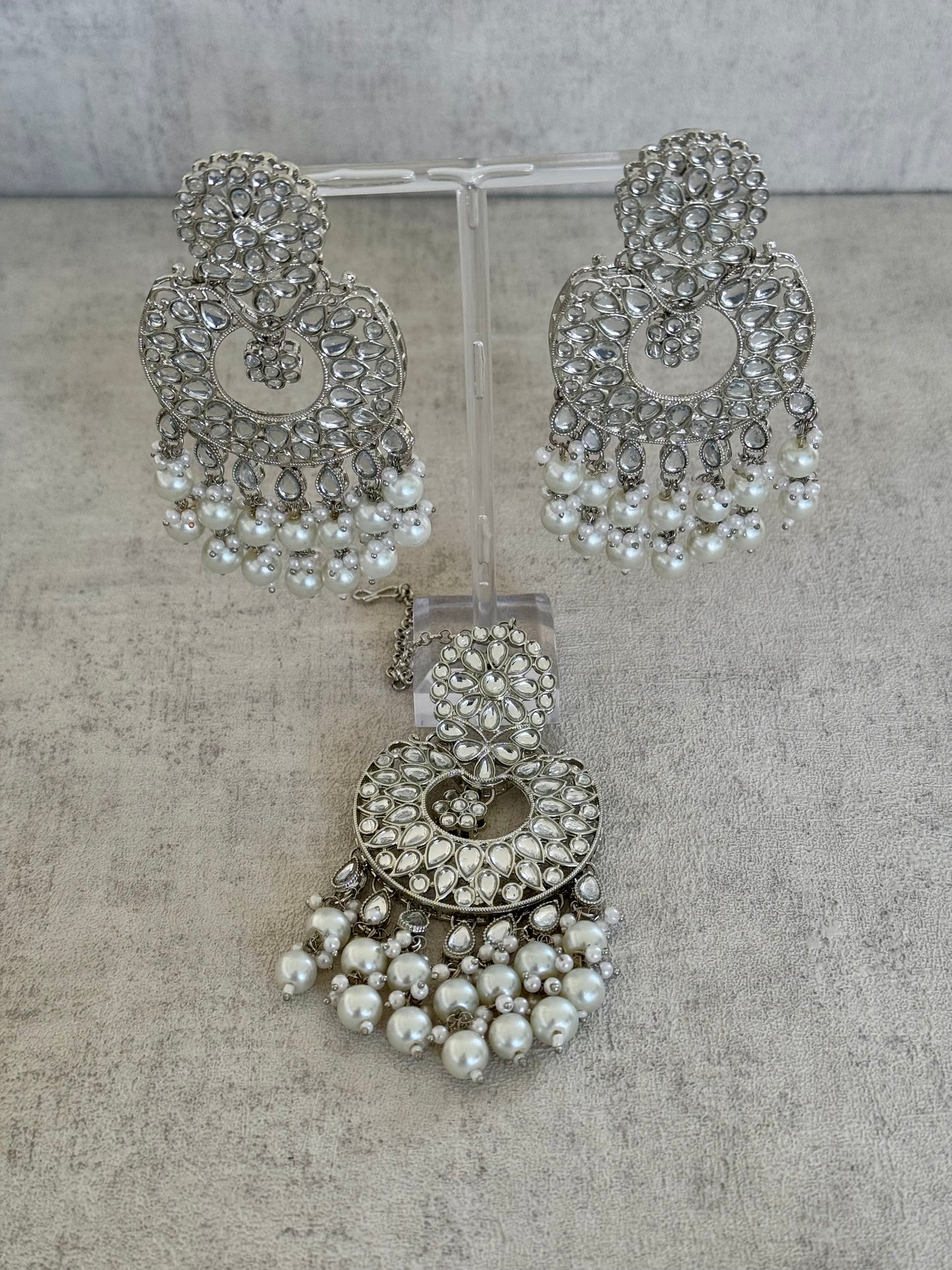 Ayura Designs Roshni Tikka Set - Silver Kundan with Pearl Detailing