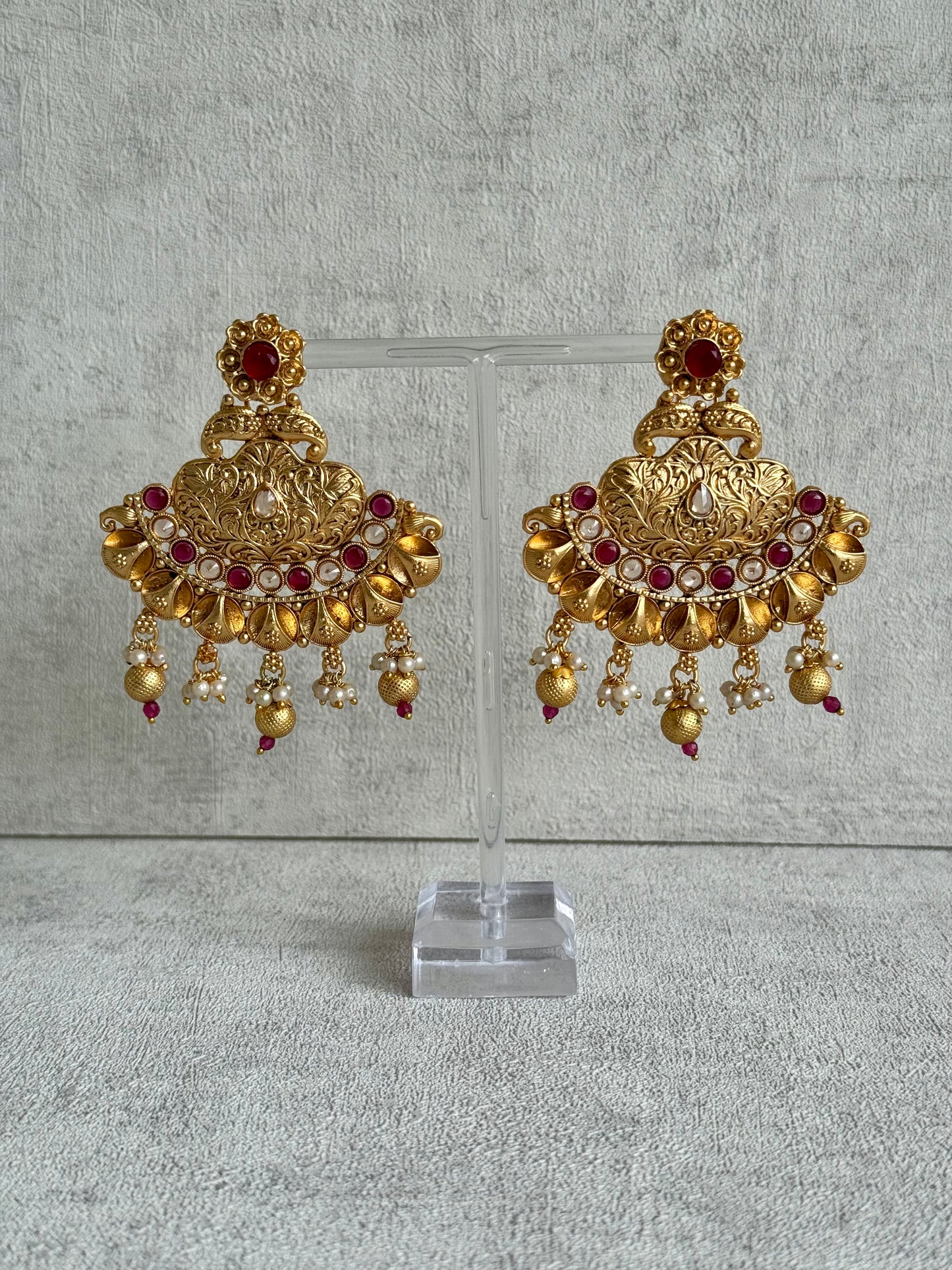 Ayura Designs Neera Earrings in Antique Gold with Red Glass Stones, Mirror-Cut Polki & Pearls
