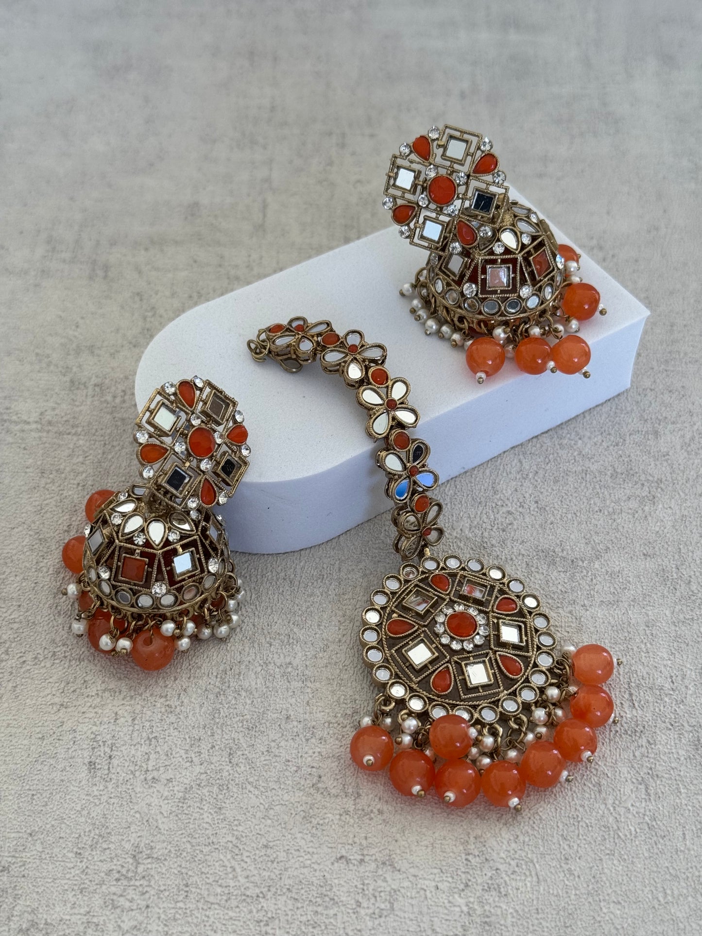 Ayura Designs Heer Tikka Set with Jhumkis – Pink, Mirror & Polki Stonework
