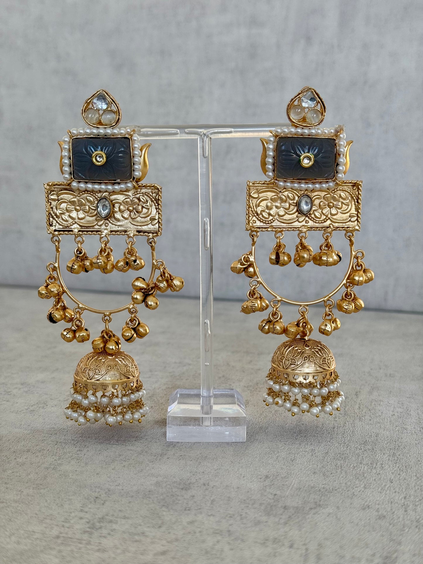 Ayura Designs Bano Earrings – Handcrafted Brass Jhumka Earrings with Carved Grey Stone, Floral Engraving & Pearl Drops