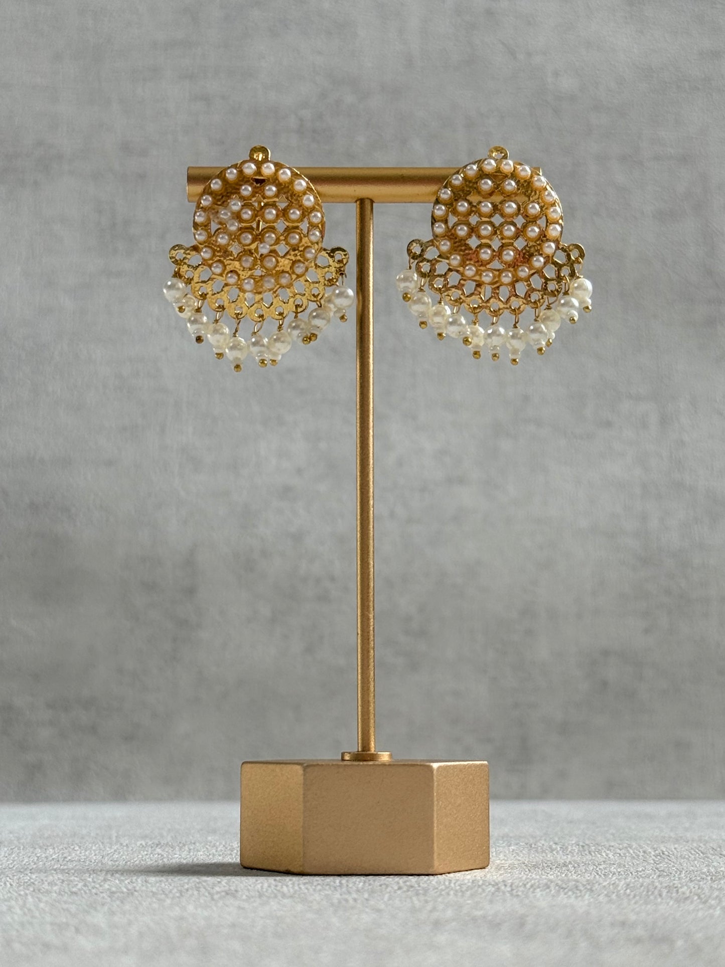 Ayura Designs Riwaaz Earrings – Pearl Stud Earrings with Antique Gold Filigree & Pearl Drops
