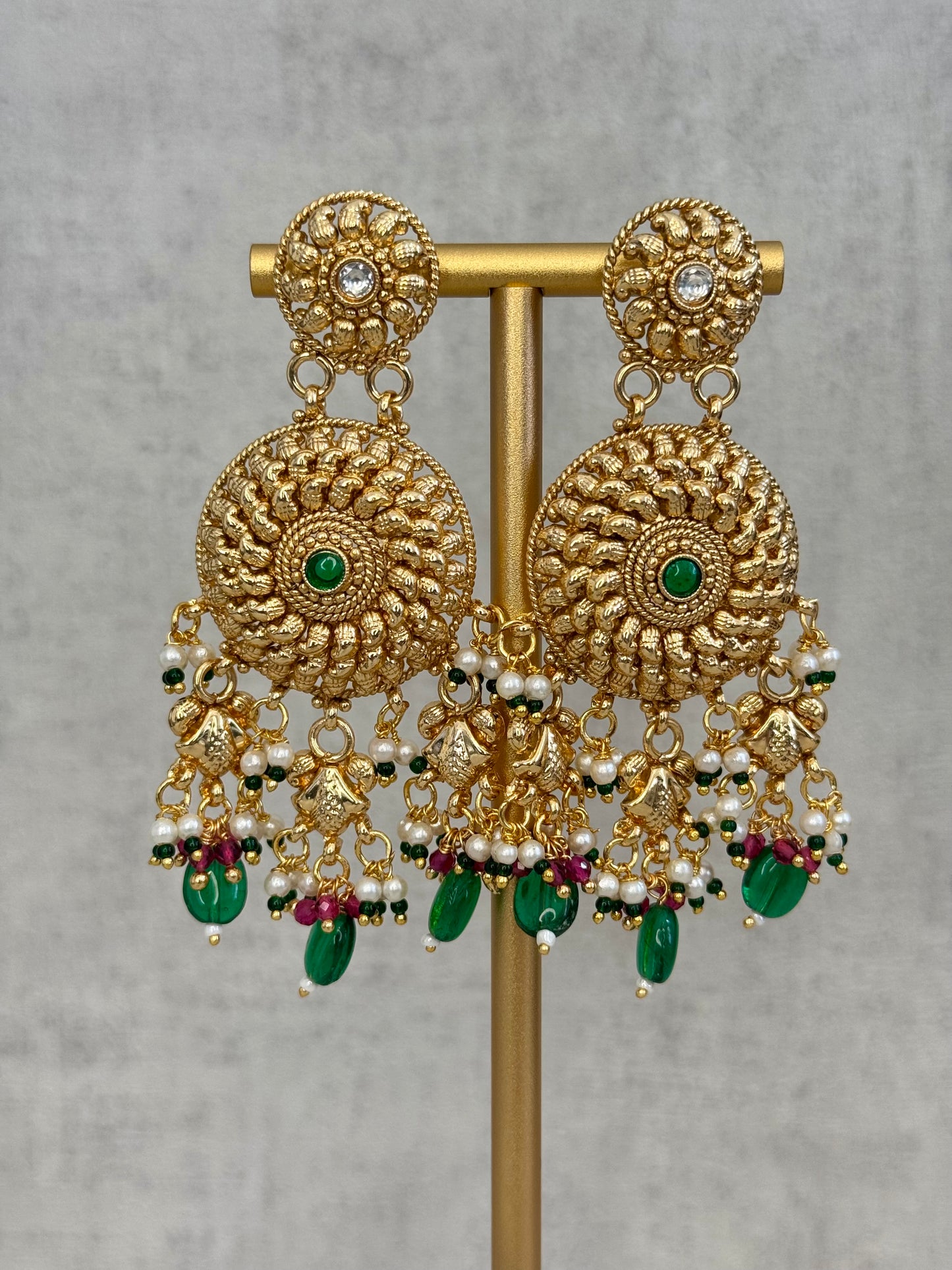 Ayura Designs Hoor Tikka & Earrings – Opulent Gold Adornment with Emerald Green, Pink and White Beads