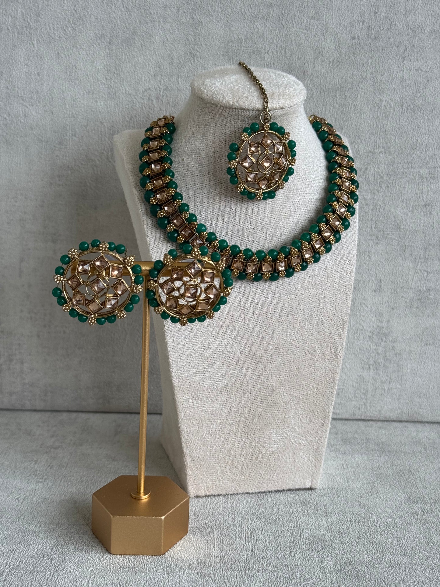 Ayura Designs Hala Set with Tikka & Studs – Emerald Green Beads & Champagne Kundan