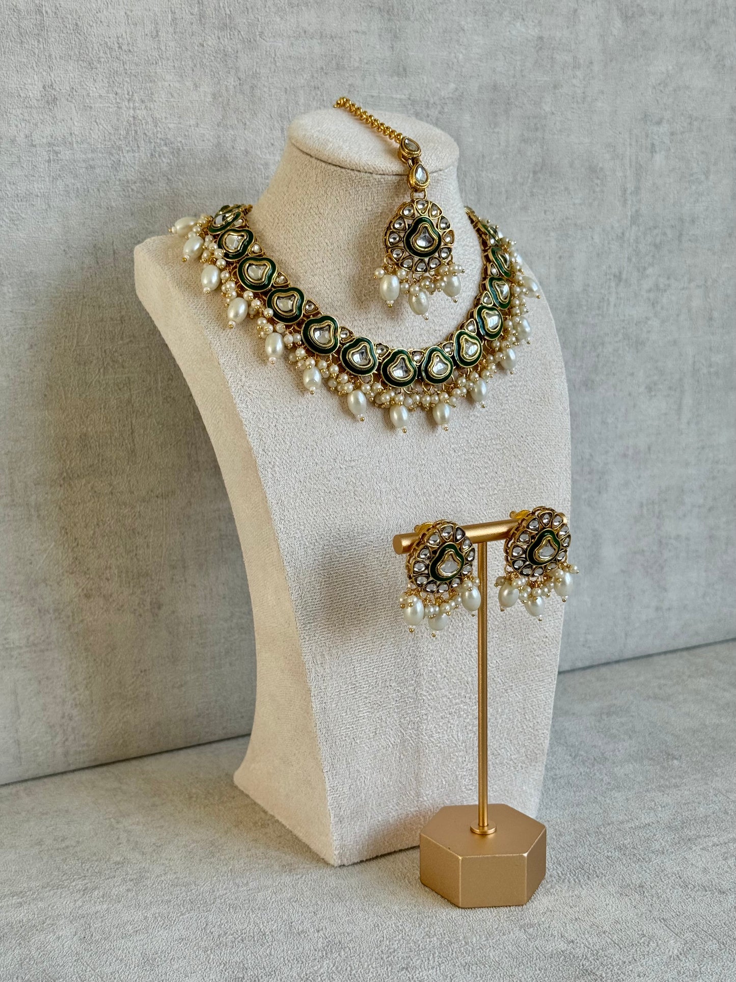 Ayura Designs Fariha Set with Studs & Tikka – Green Enamel, Mirror-Cut Stones & Pearl Drops