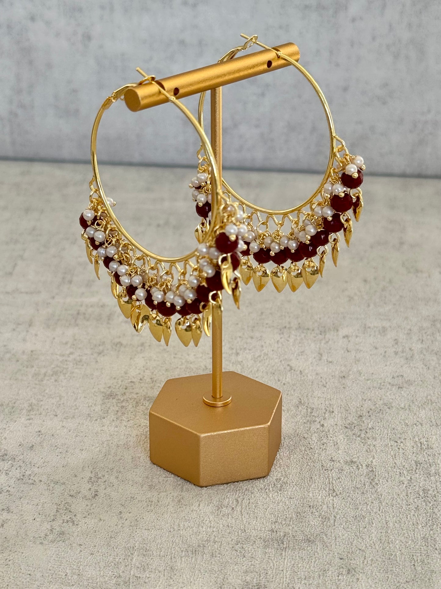 Ayura Designs Riwaaz Bali – Ruby Red Beaded Hoops with Gold Leaf Charms