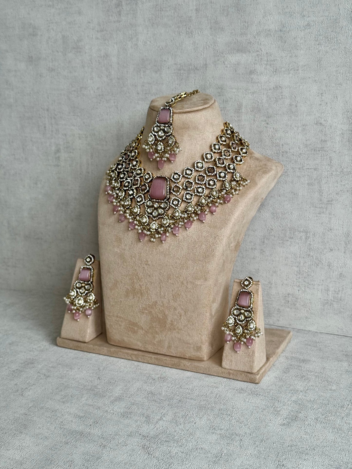 Ayura Designs Gulrukh Bridal Set with Necklace, Jhumkis & Tikka – Jadau Kundan Craftsmanship with Mirror-Cut Polki, Blush Rose Stones & Antique Gold Finish