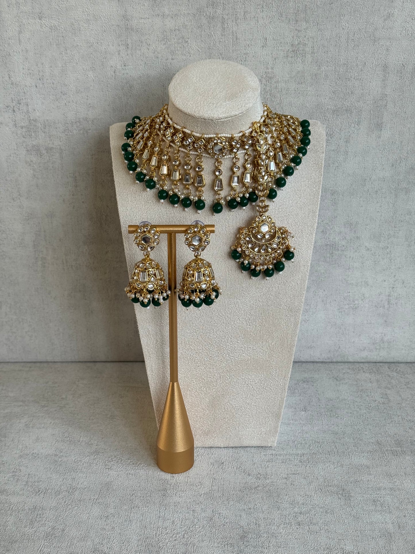 Ayura Designs Shaheen Set with Jhumkis & Tikka – Emerald Green Beads, Mirror Kundan & Gold Finish