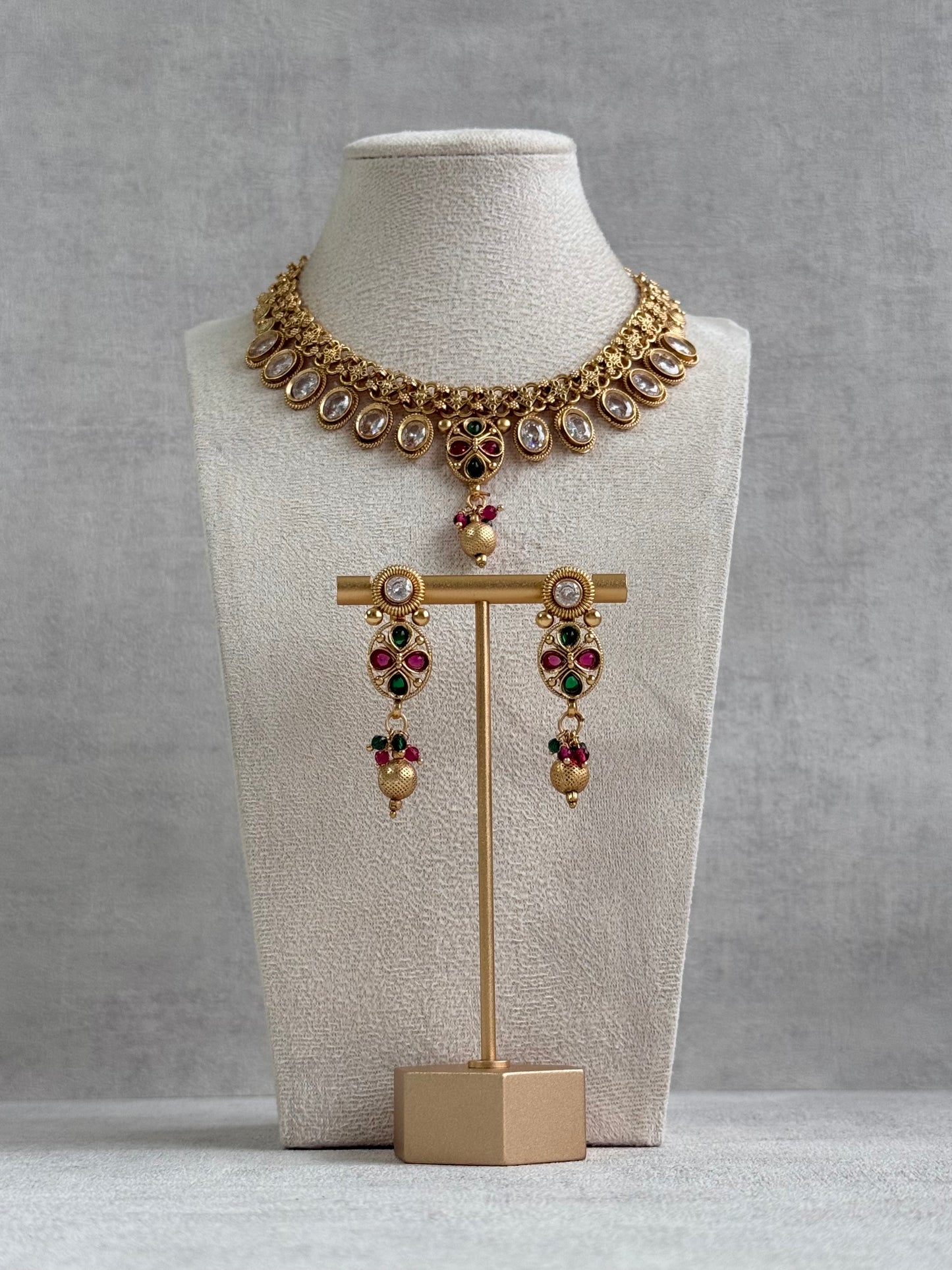 Ayura Designs Perniya Set with Necklace & Earrings – Mirror-Cut Stones with Multicolour Accents in Antique Gold Finish