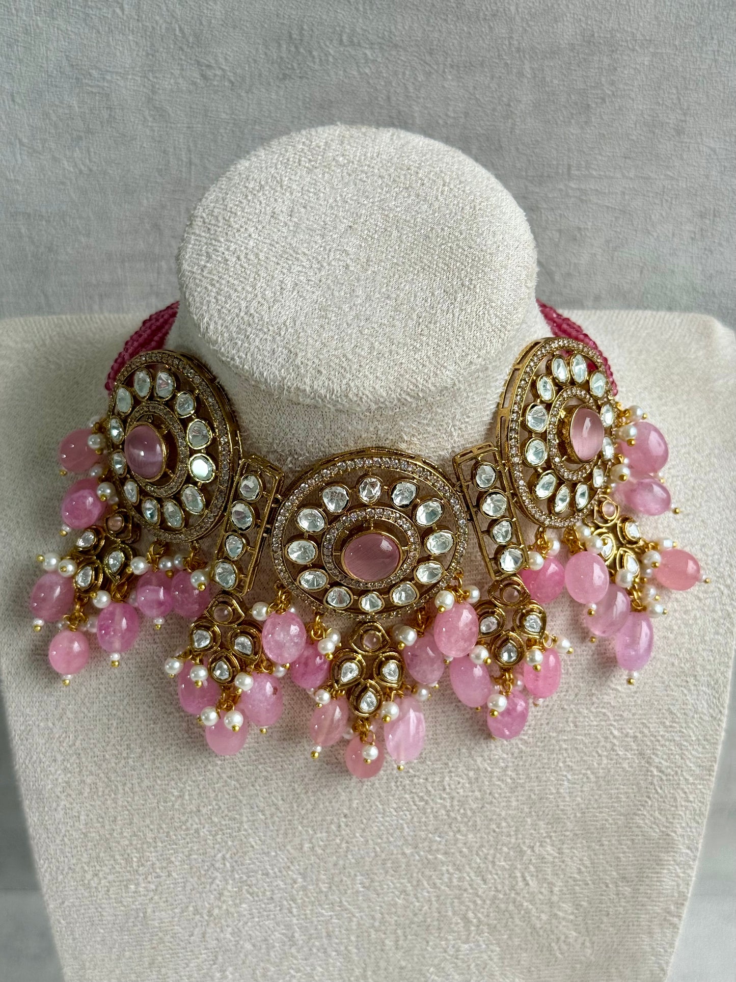 Ayura Designs Harper Set – Antique Gold Choker & Earrings with Blush Pink Beads, Kundan Stones & Pearl Detailing