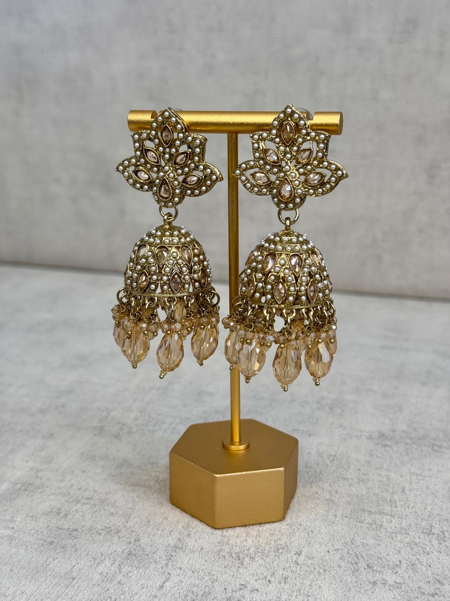 Ayura Designs Wafa Jhumkis – Gold & Champagne Crystal Elegance