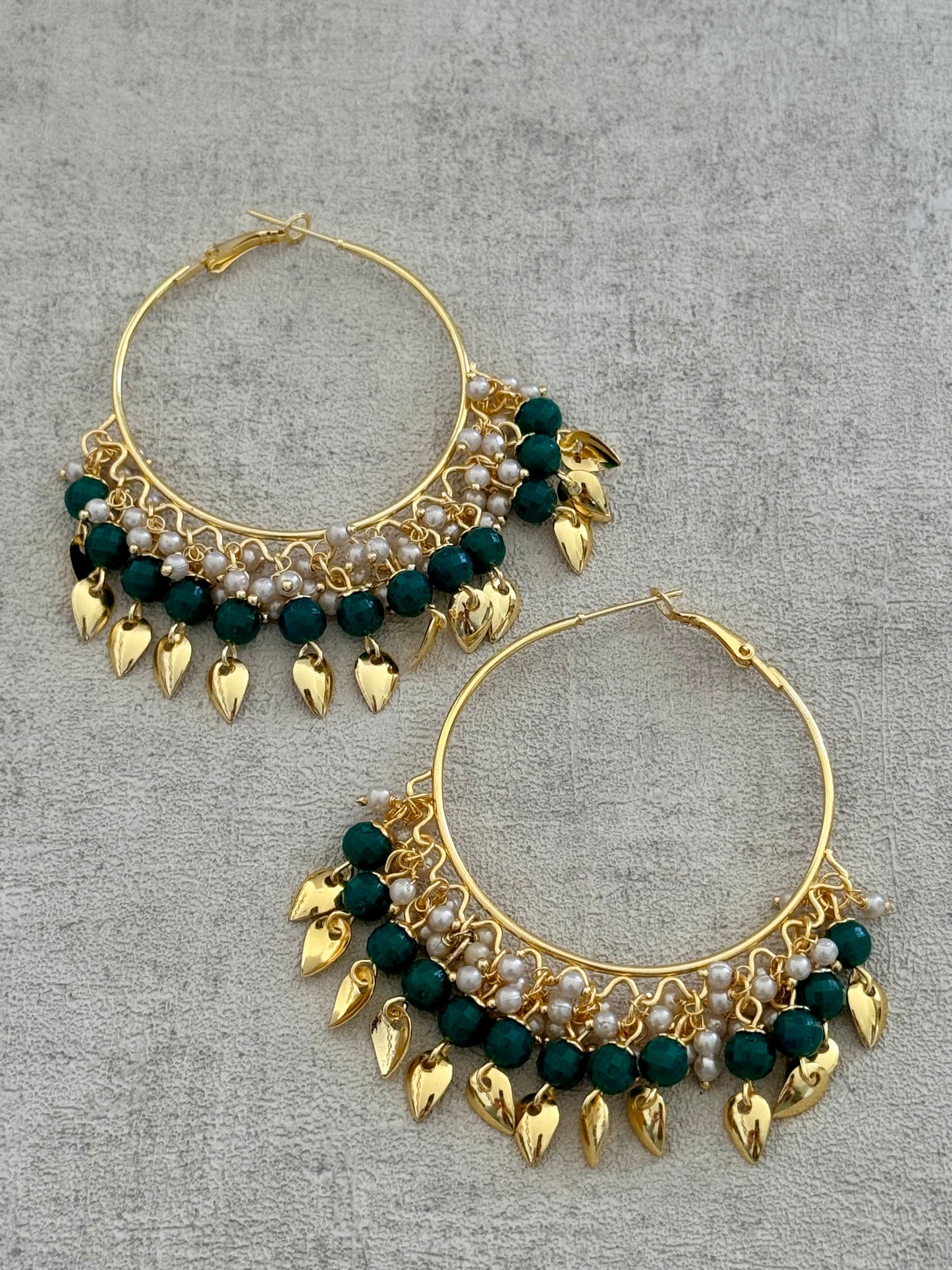 Ayura Designs Riwaaz Bali – Emerald Green Beaded Hoops with Gold Leaf Charms