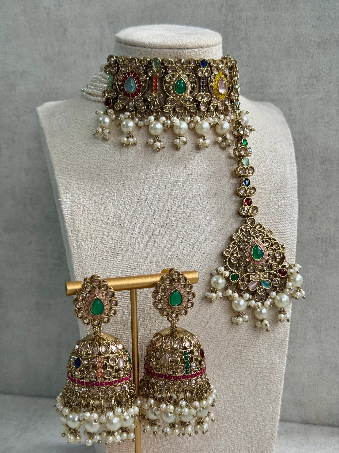 Ayura Designs Rangrez Choker Set with Tikka & Jhumkis – Kundan & Pearl in Multicolor Antique Gold