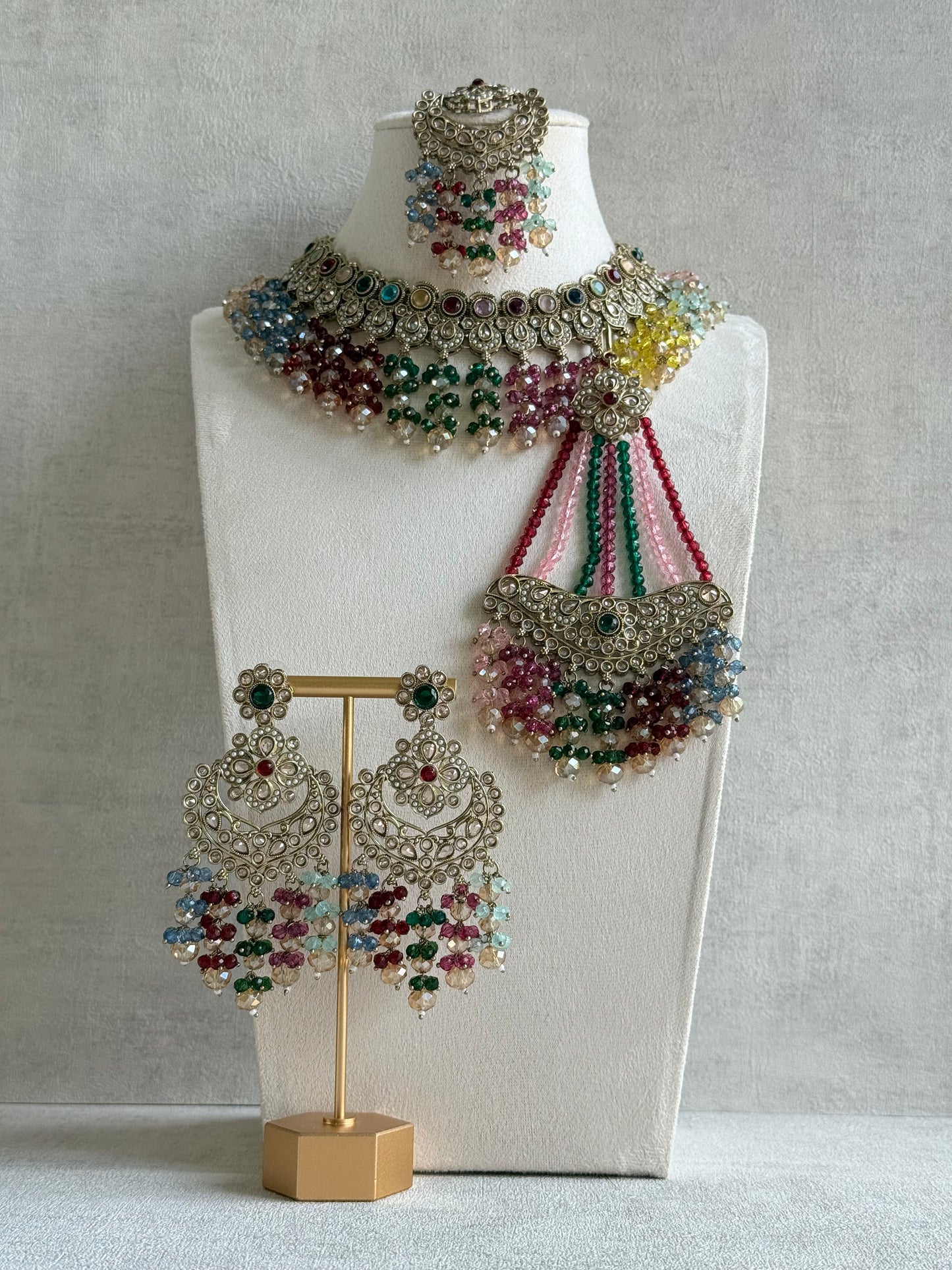 Ayura Designs Dilnaz Necklace Set with Earrings, Tikka & Passa – Multicolour Crystal Beads & Antique Gold Finish