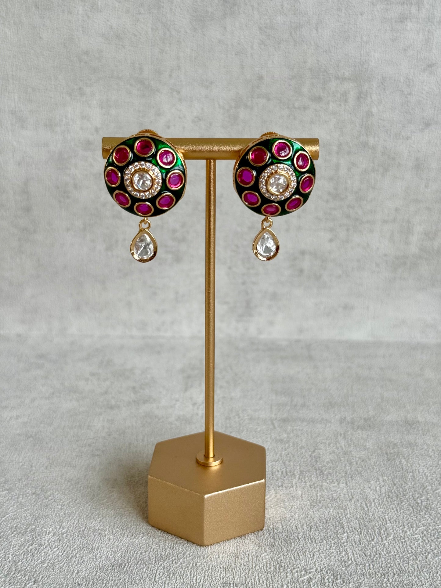 Ayura Designs Jiya Set with Earrings – Round Motif, Pink & Green Meenakari with Crystal Detailing