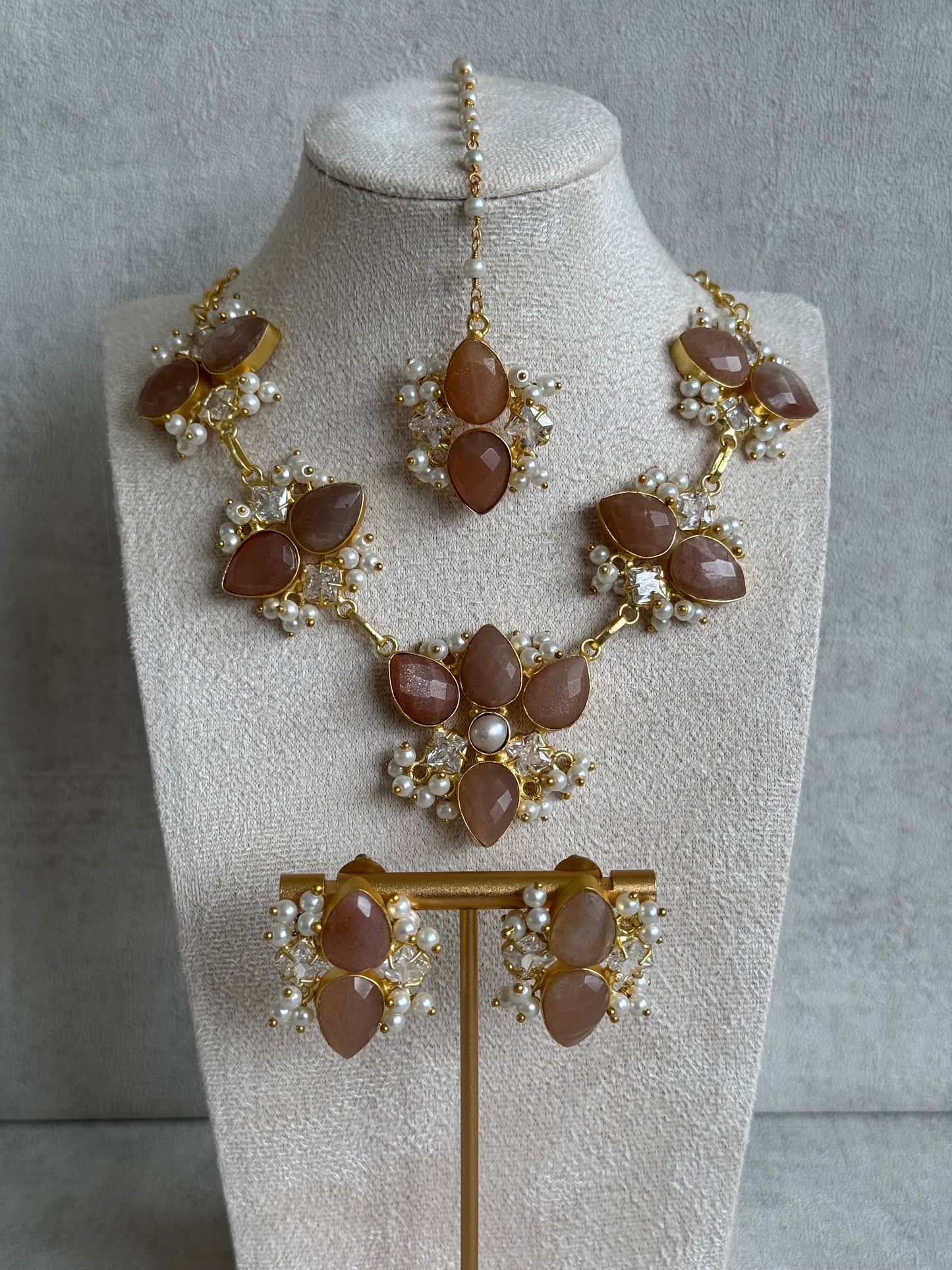 Ayura Designs Solara Set with Tikka & Earrings – Sunstone, Crystals & Pearls
