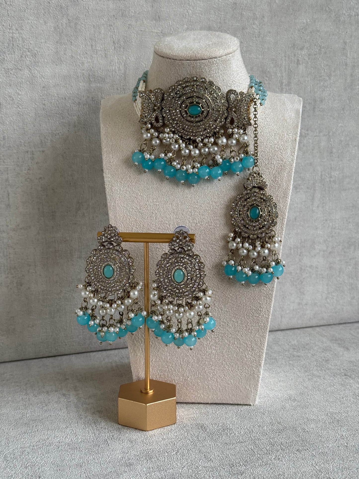 Ayura Designs Zoraiz Choker Set with Earrings & Tikka – Aqua Blue Beads, Pearls & Antique Silver Finish