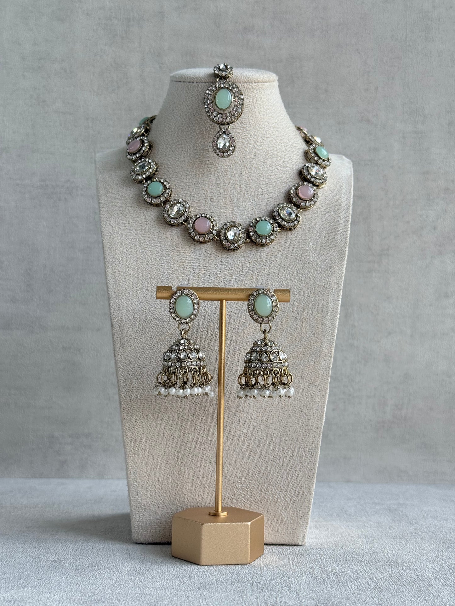 Ayura Designs Eira Necklace Set with Earrings & Tikka – Blush Pink, Mint Green & Crystal Stones with Antique Gold Finish