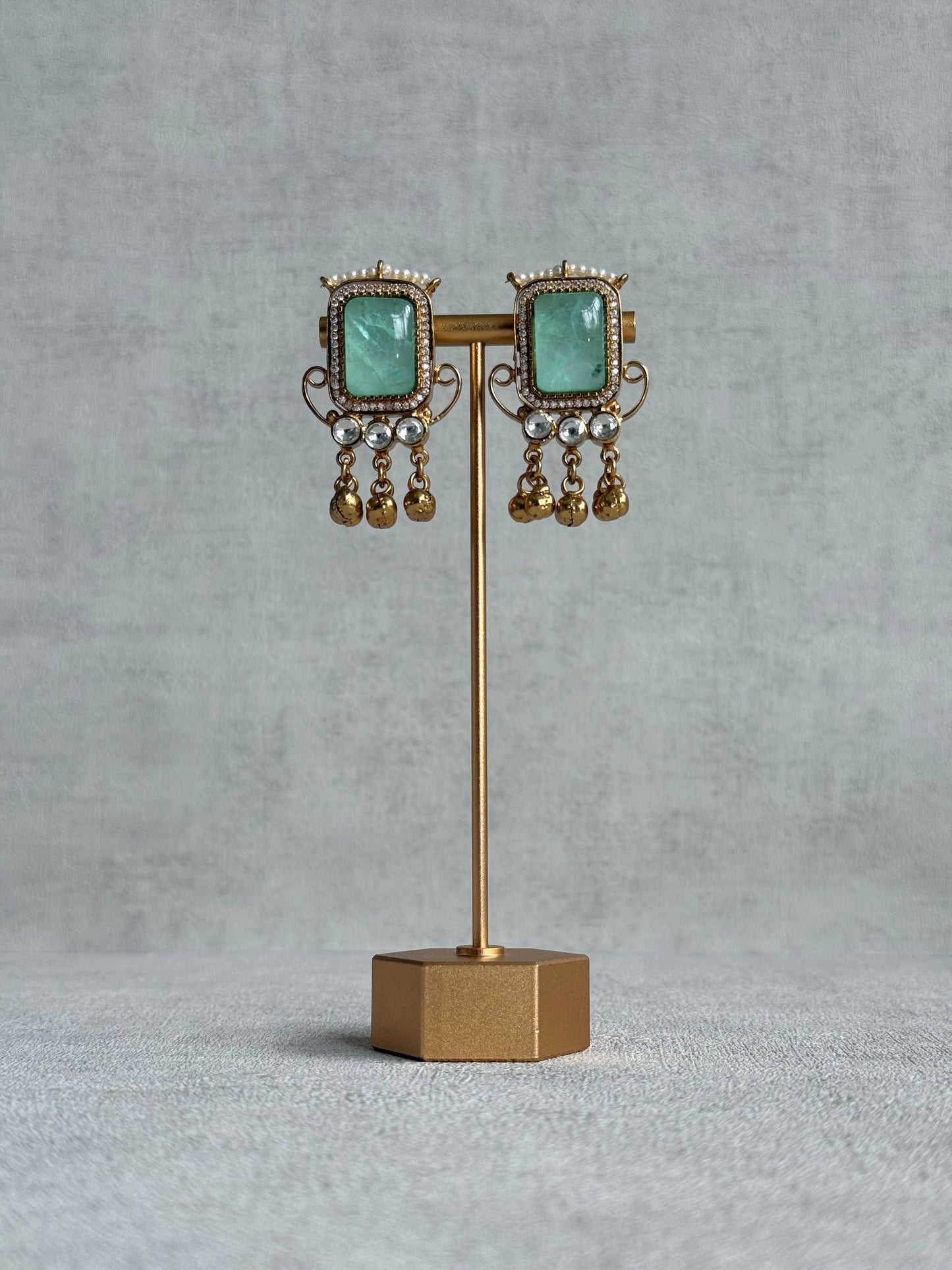 Ayura Designs Aleena Earrings – Aqua Jade Stone Stud Earrings with Pearls & Ghungroo Detailing