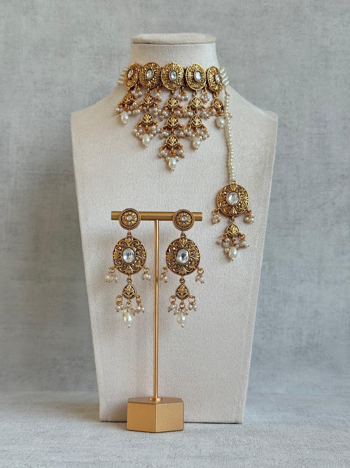 Ayura Designs Mohak Choker Set with Earrings & Tikka – Gold Waterfall Design with Kundan & Pearl Drops