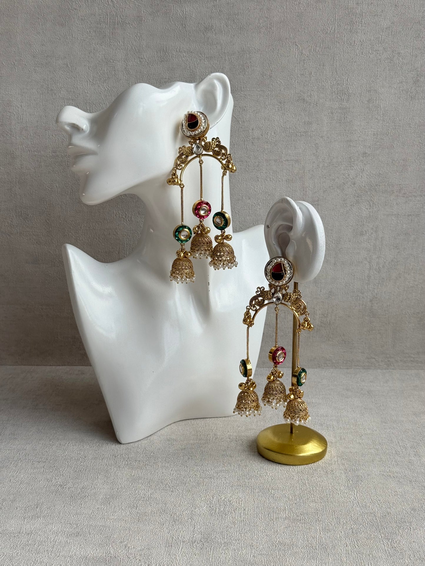 Ayura Designs Arzina Earrings – Triple Jhumki Earrings with Pink & Emerald Green Stones, Pearl Borders & Gold Detailing