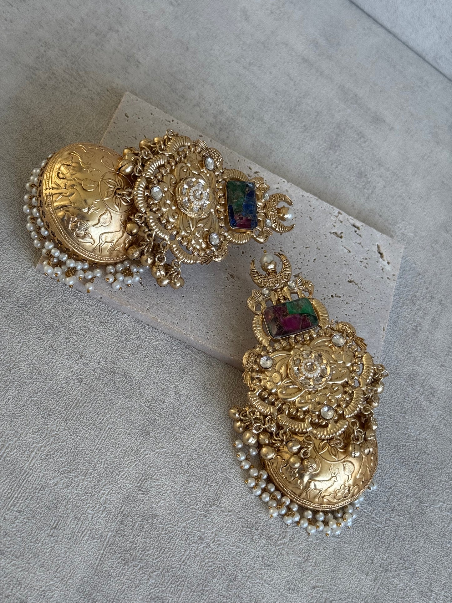 Ayura Designs Adeeba Earrings – Antique Gold Temple Jhumkas with Multicolour Stone Accent & Pearl Drops