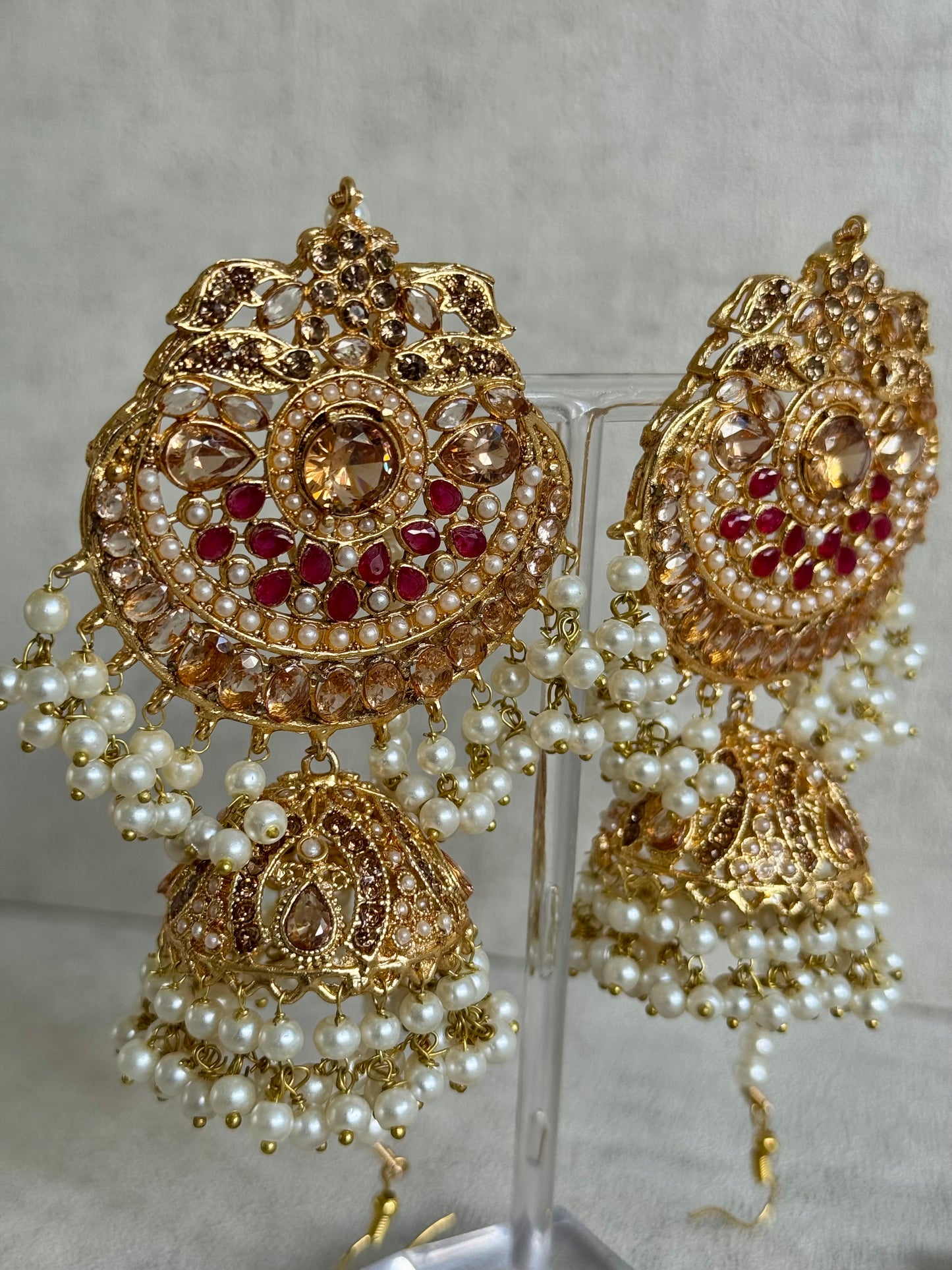 Ayura Designs Zarnigar Tikka Set with Sahare Jhumkis – Champagne & Ruby Stones with Pearl Detailing