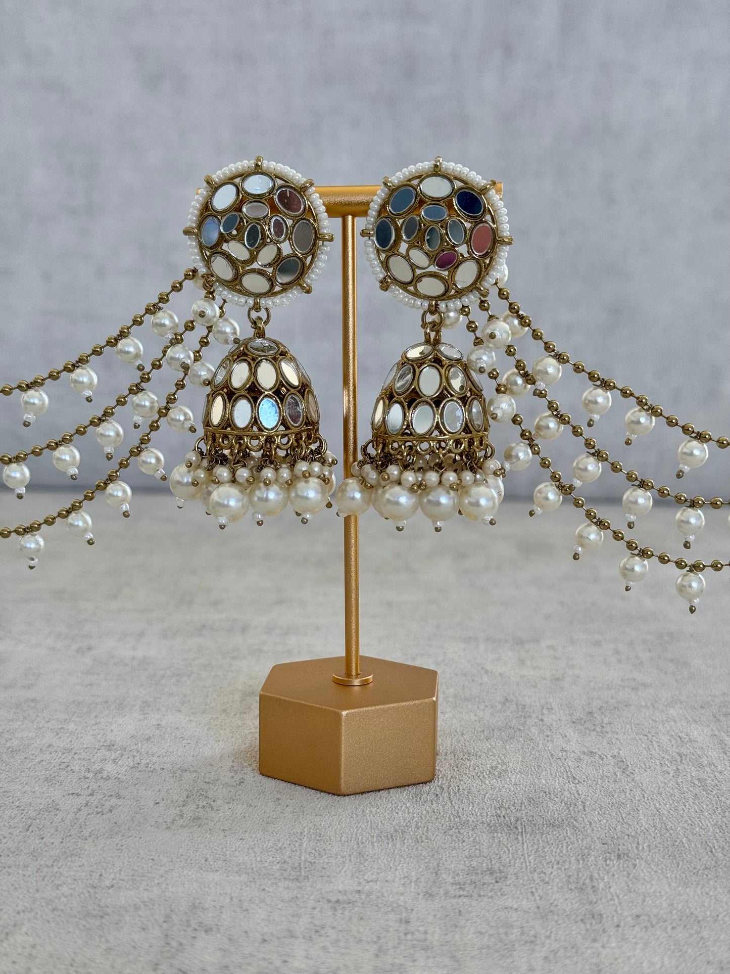 Ayura Designs Aaina Jhumkis with Sahare – Antique Gold Mirror Work & Pearl Earrings