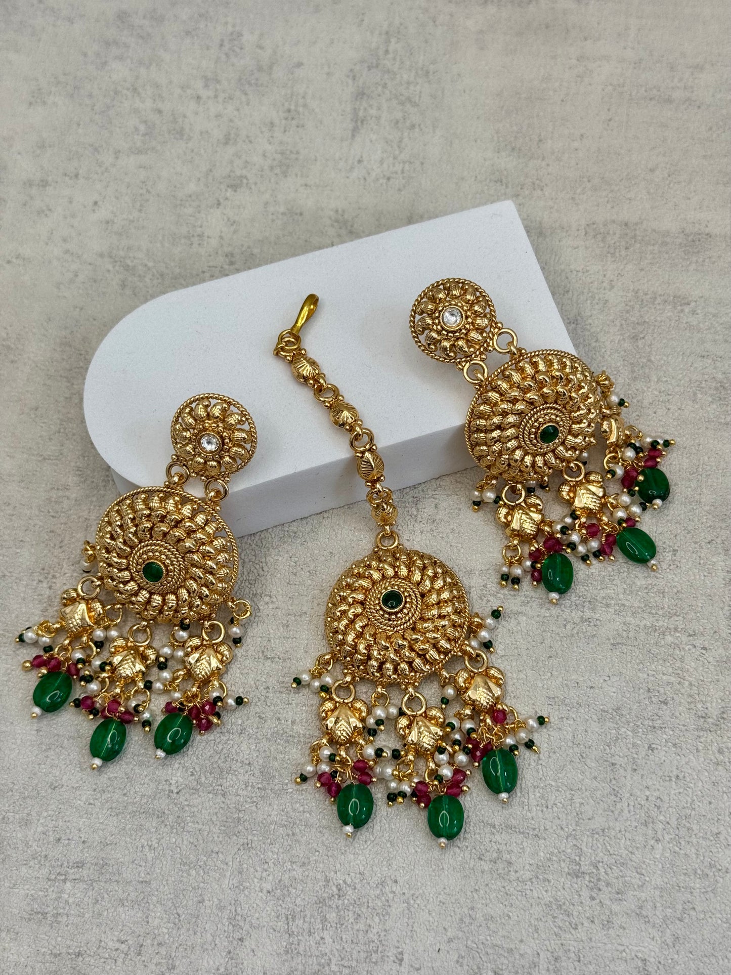 Ayura Designs Hoor Tikka & Earrings – Opulent Gold Adornment with Emerald Green, Pink and White Beads