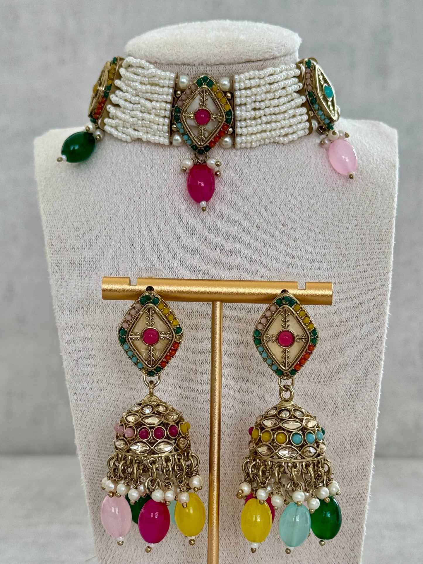 Ayura Designs Ariana Choker Set with Jhumkis – Kundan & Multicolor Beads in Antique Gold