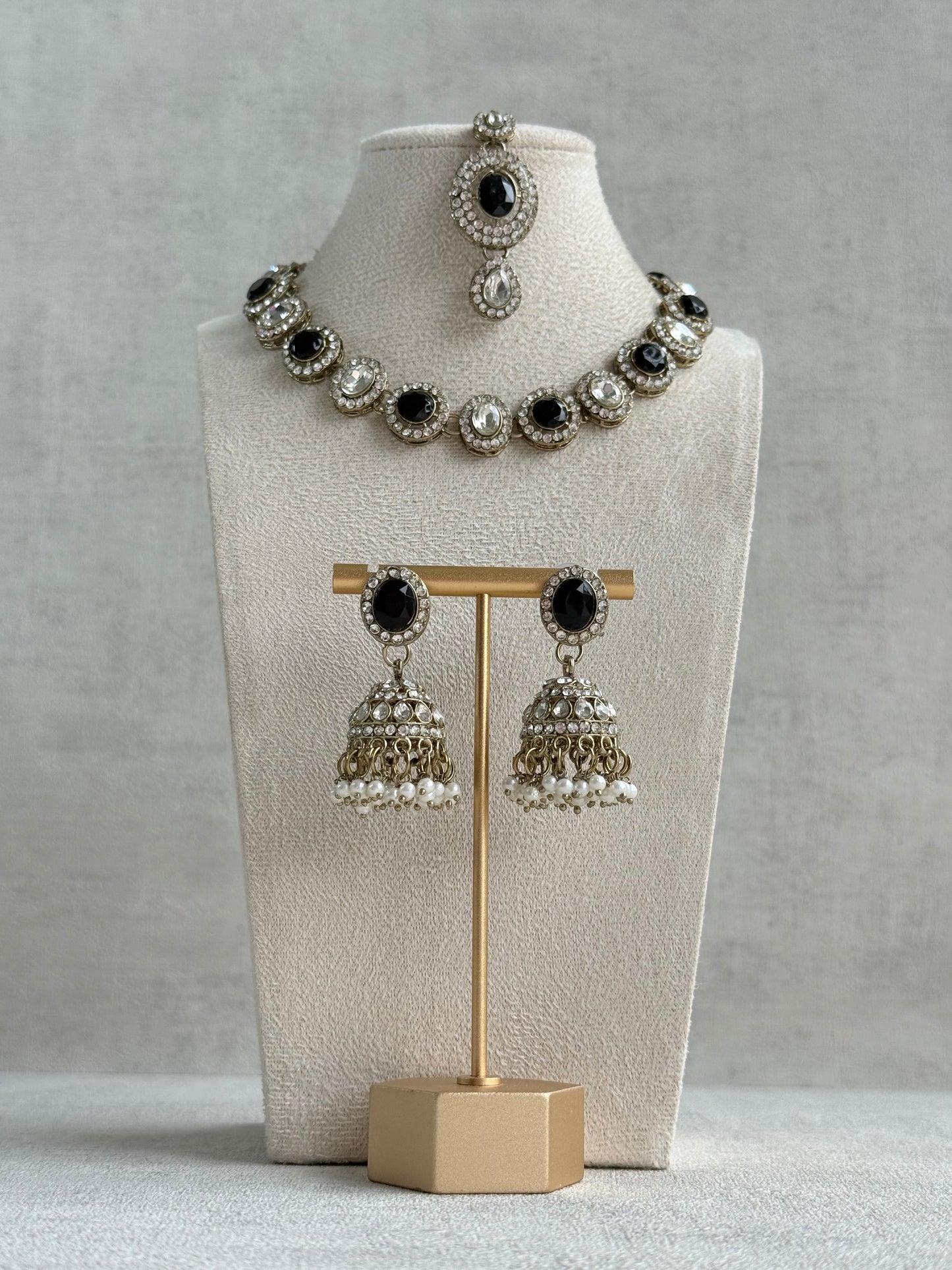 Ayura Designs Eira Necklace Set with Earrings & Tikka – Black & Crystal Stones with Antique Gold Finish