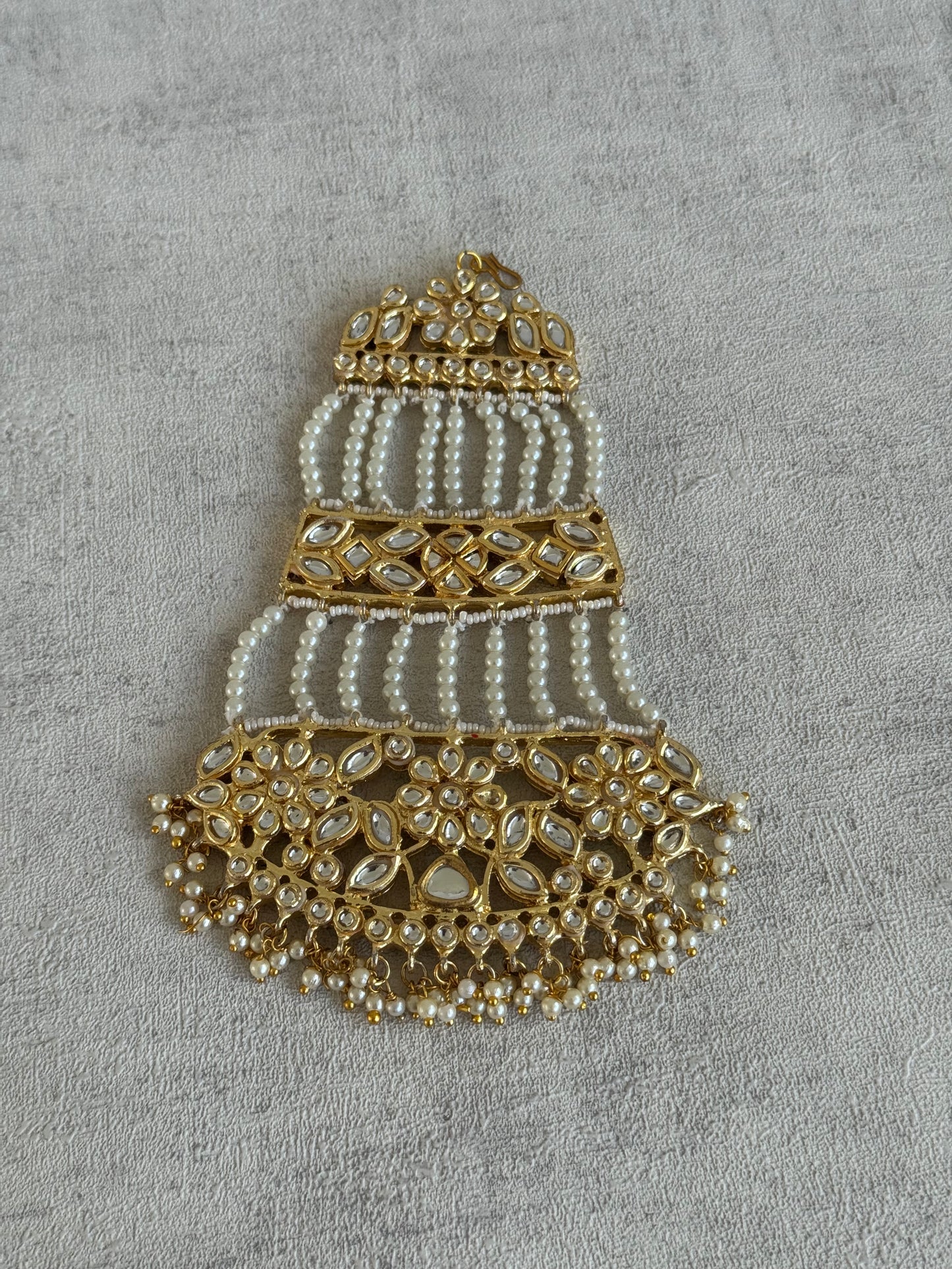 Ayura Designs Rani Jhoomar Passa – Mirror-Cut Stones, Pearl Strands & Floral Detailing