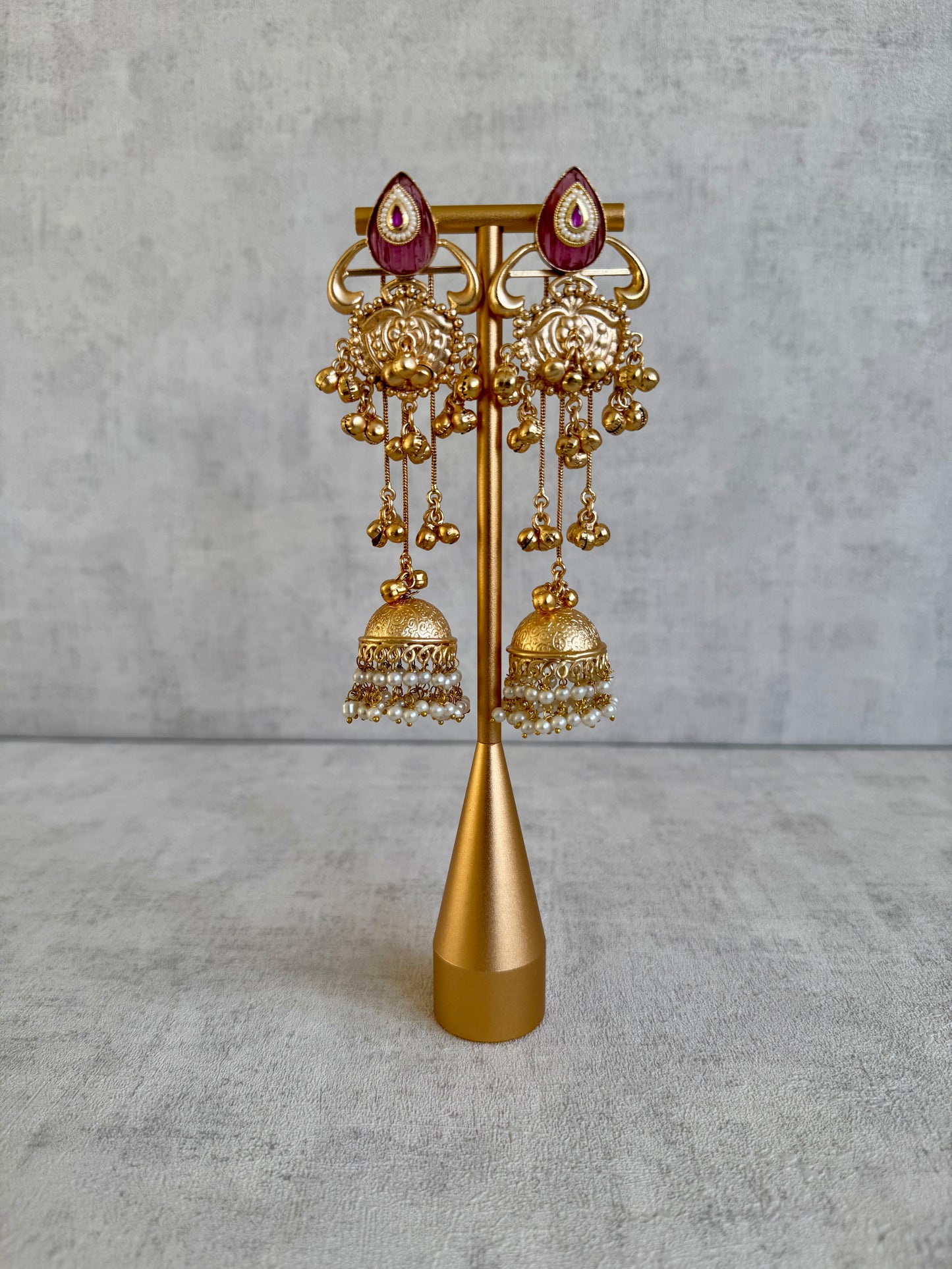 Ayura Designs Prisha Earrings – Antique Gold Jhumkas with Ruby Red Studs, Pearl Detailing & Long Dangling Chains