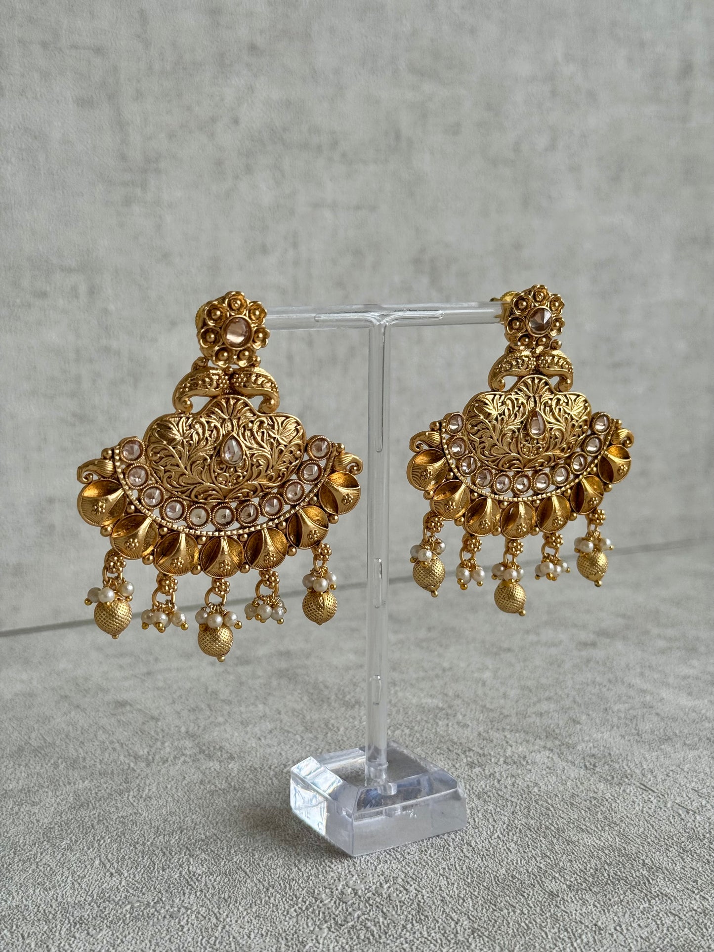 Ayura Designs Neera Earrings in Antique Gold with Mirror-Cut Polki & Pearls
