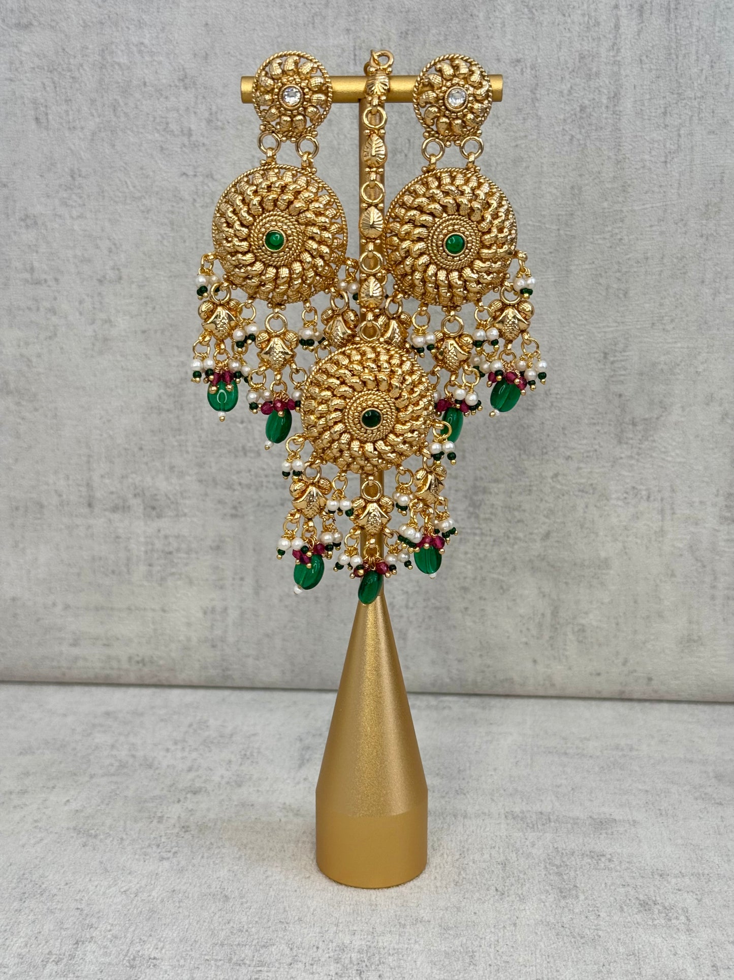 Ayura Designs Hoor Tikka & Earrings – Opulent Gold Adornment with Emerald Green, Pink and White Beads