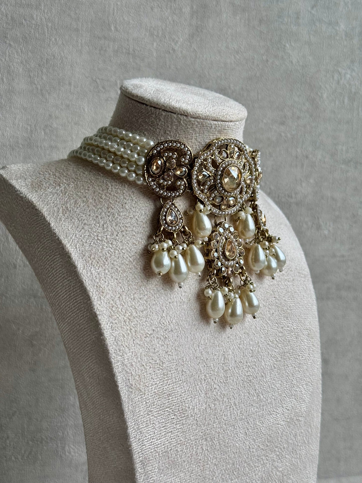 Ayura Designs Azhar Choker Set with Jhumkis & Tikka – Champagne Gold, White Pearls, Polki with Champagne Stones