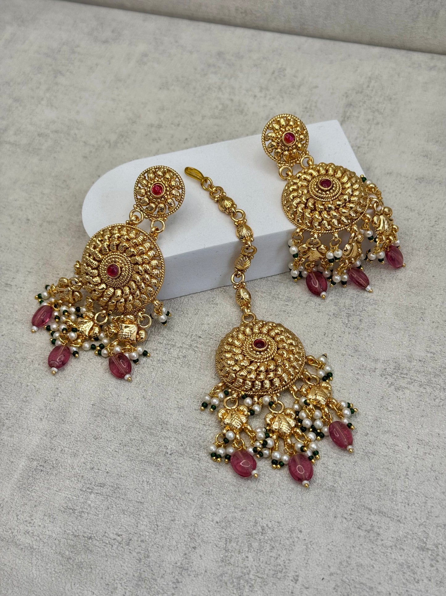 Ayura Designs Hoor Tikka & Earrings – Opulent Gold Adornment with Emerald Green, Pink and White Beads